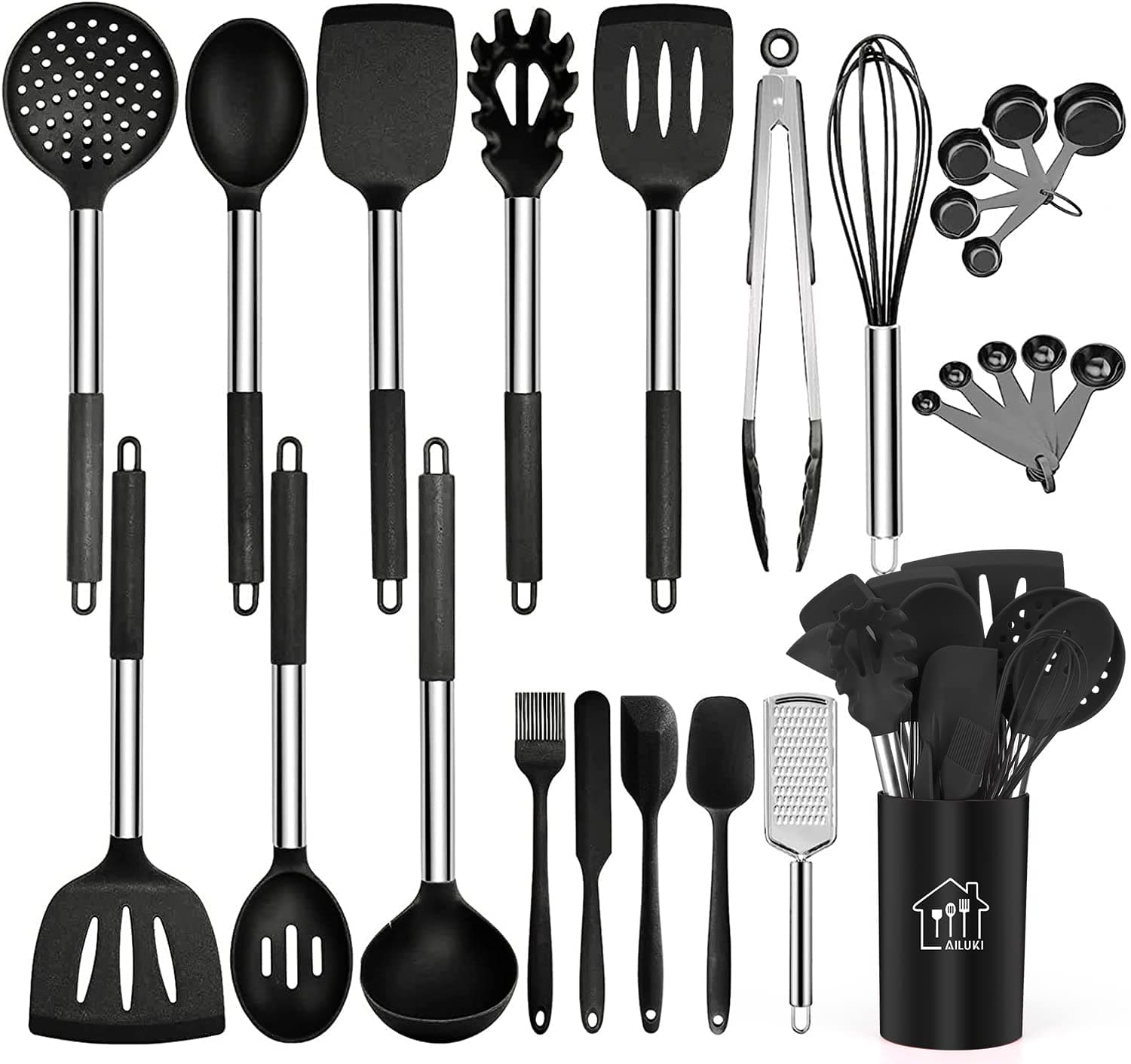 Silicone Cooking Utensil Set,Kitchen Utensils 26 Pcs Cooking Utensils Set,Non-stick Heat Resistant Silicone,Cookware with Stainless Steel Handle (Sable)