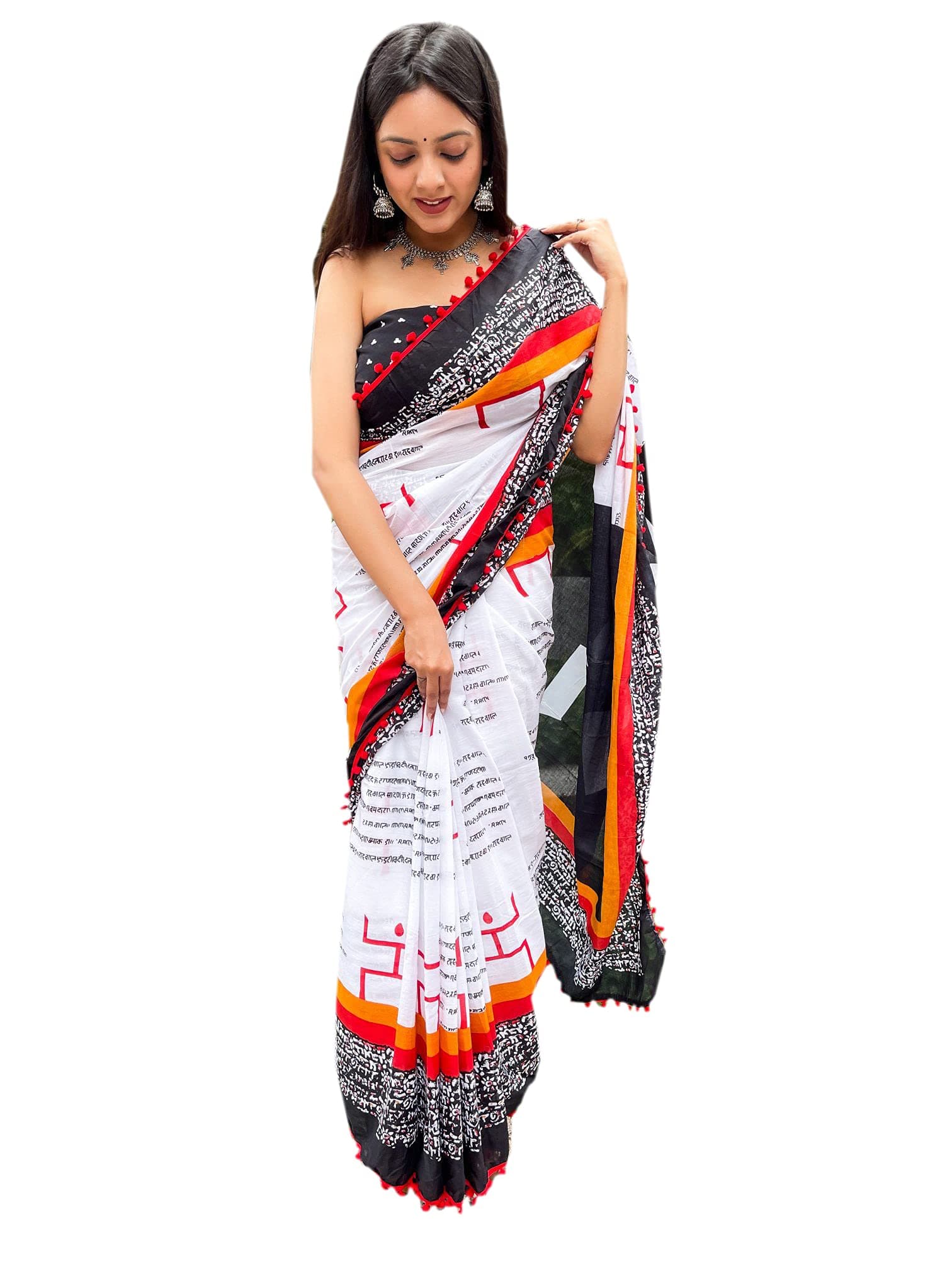 Shivanya HandicraftsCotton Mulmul Saree for Women Attached Pom Pom Lace