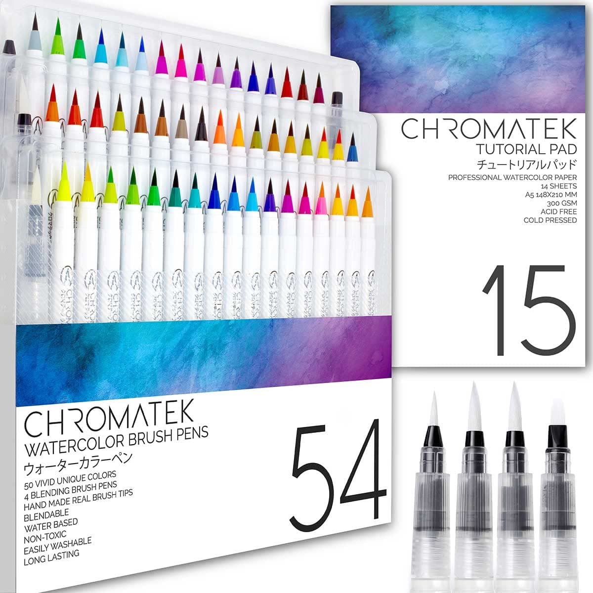 54 Watercolor Pens Set | Including 15 Page Pad & Online Video Tutorial Series | 4 Aquapens & 50 Unique Colors | Brush Pens | Easily Blendable, Vivid, Smooth | Professional Art Supplies