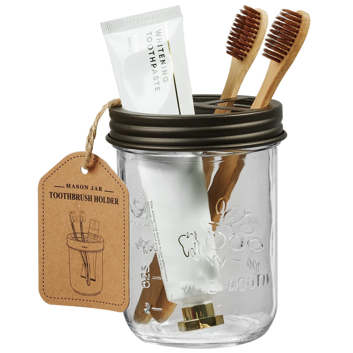 Mason Jar Toothbrush Holder- Rustproof Stainless Steel - Holds 2 Toothbrushes and Toothpaste,with Chalkboard Labels - Farmhouse Décor Bathroom Countertop and Vanity Storage Organizer,Bronze