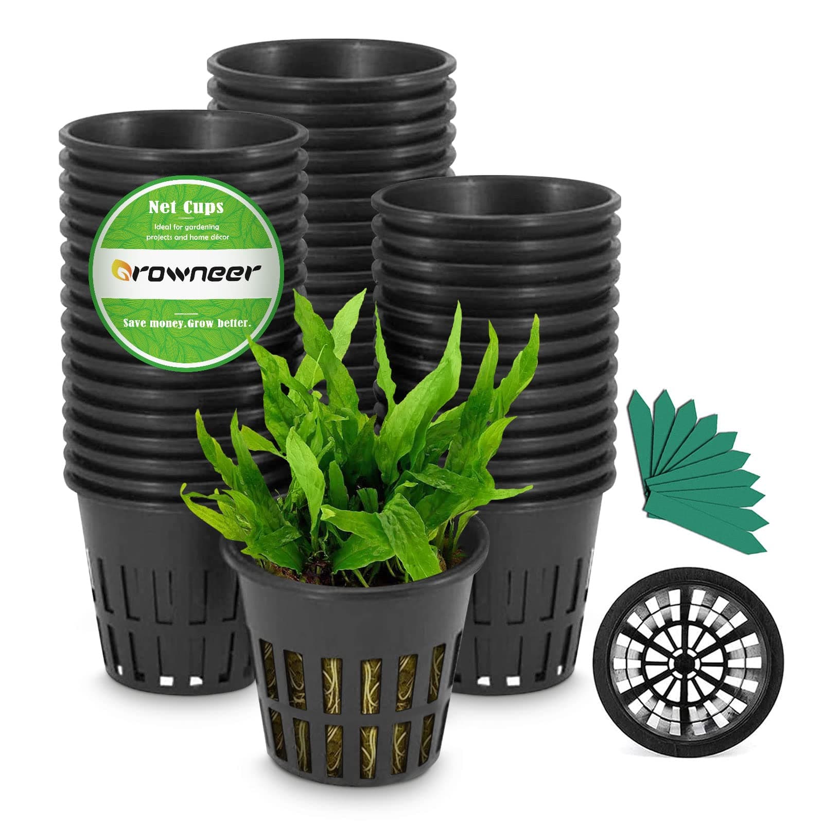 GROWNEER Net Pot 50 Pcs 3 Inch Garden Slotted Mesh Net Cups, Heavy Duty Hydroponic Pots Supplies with 50Pcs Plant Labels, Aquaponics Planting Growing Basket for Indoor Outdoor