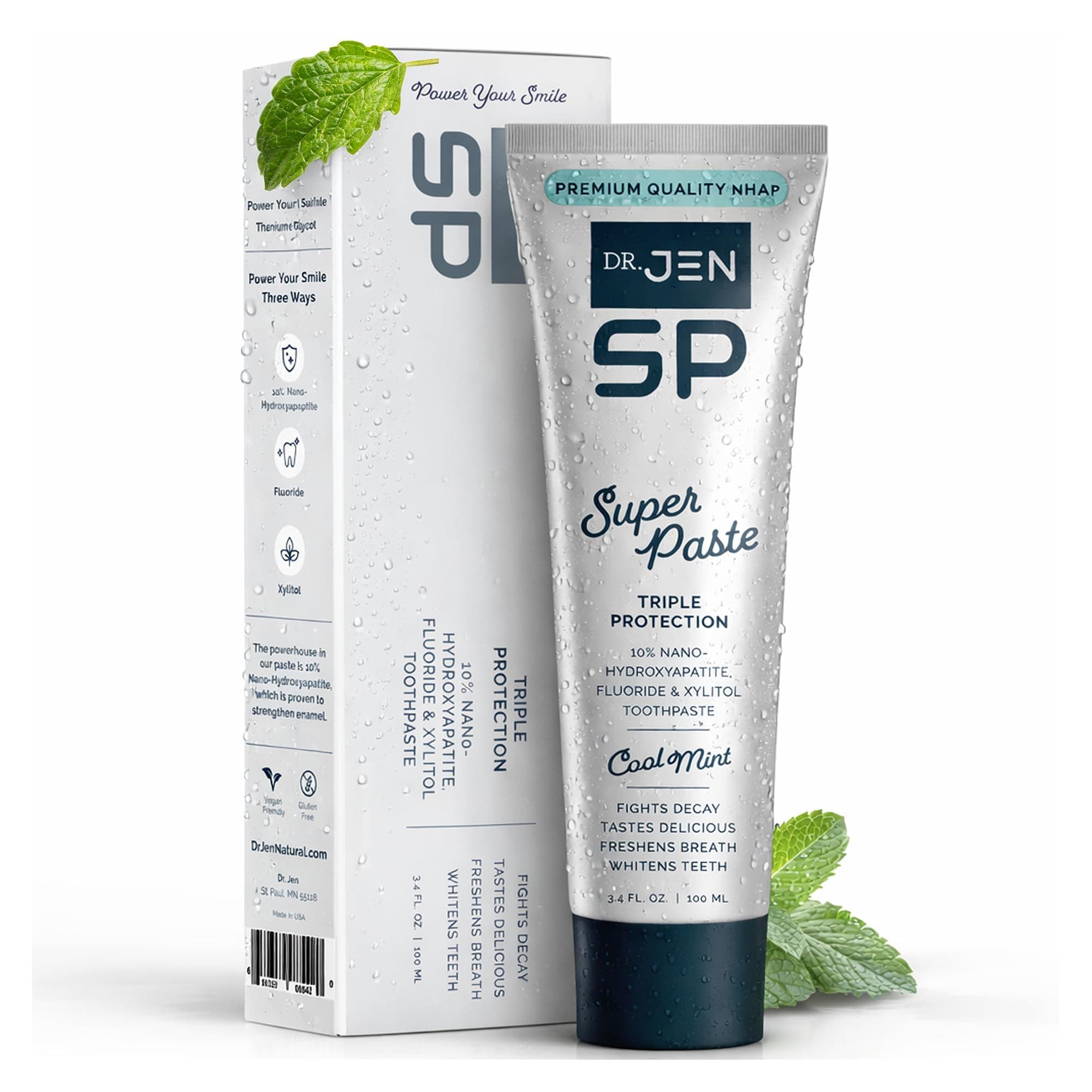 Dr Jen 10% Nano Hydroxyapatite Super Paste, Remineralizing Toothpaste + Fluoride, Dentist Recommended, for Sensitive Teeth, Freshens Breath, Strengthen Enamel (3.4 oz, Pack of 1)