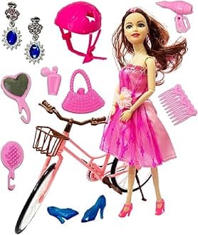 SUPER TOY Bicycle Doll Play Set for Kids Girls with Foldable Hands Makeup Toy Accessories Age 3-10 Years