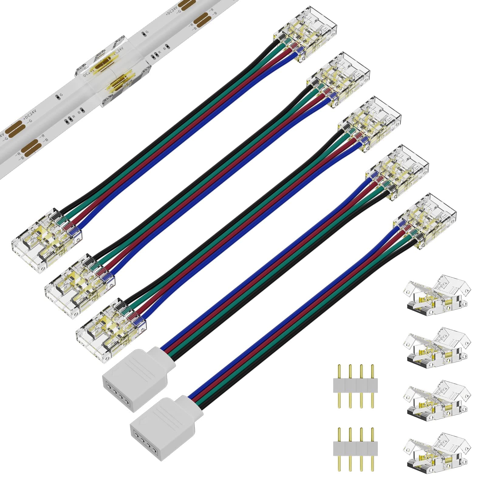 PAUTIX 10mm Connectors for COB RGB LED Strip Lights, 4 Clear Gapless Connectors, 3 Double Ended Extension Connectors and 2 Pcs Single to 4 Pin Plug 5.5 inch Extension Cable
