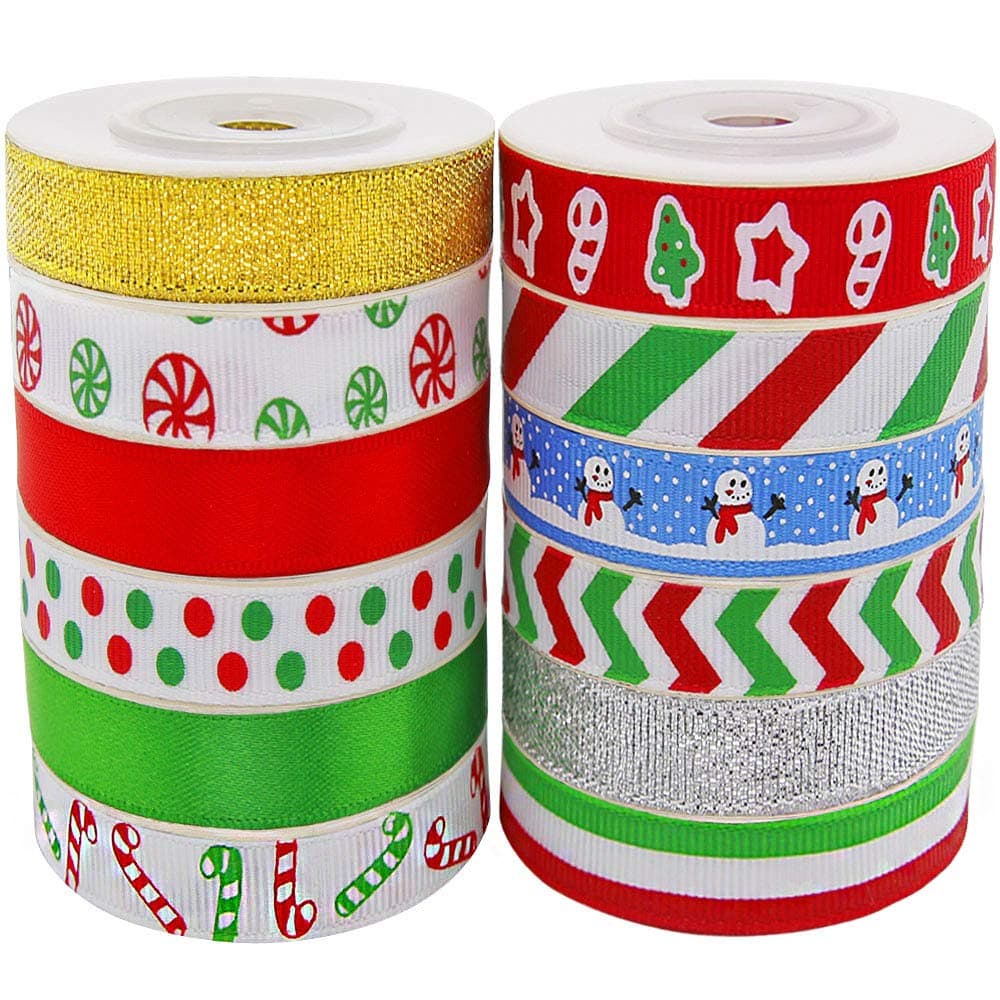 Christmas Ribbon for Crafts 60 Yards 3/8'' Grosgrain Fabric Xmas Decoration Gift Wrapping (12Colors x 5Yds Packed in Roll)