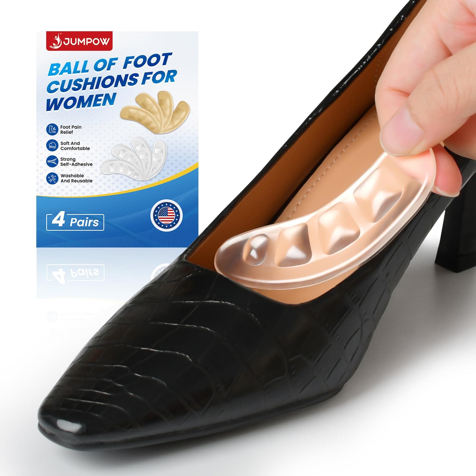 JUMPOW Ball of Foot Cushions for High Heels - 4 Pairs High Heel Comfort Pads, Soft, Well-Cushioned & Non Slip Foot Pads for Balls of Feet, Keep Feet from Sliding in Heels, Ideal for Foot Pain Relief