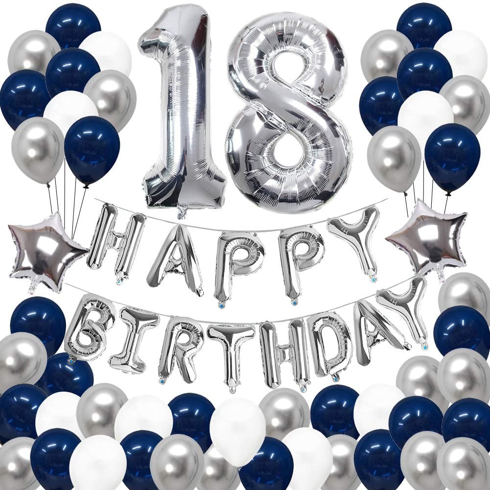 18th Birthday Decorations, Puchod Happy Birthday Banner Kit Number 18 Foil Ballon Party Decorations Set Blue & Sliver for Men