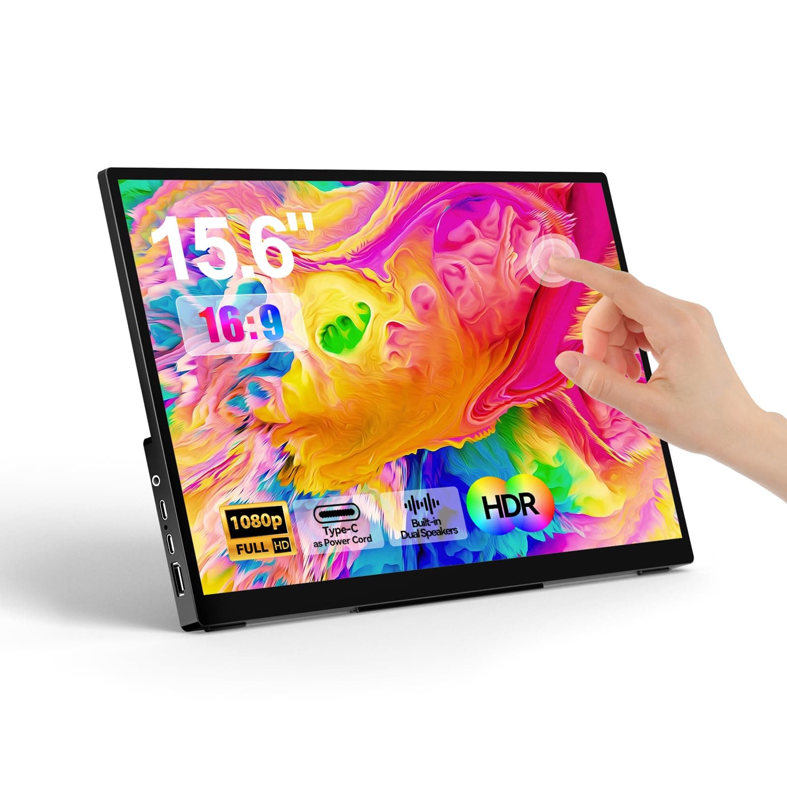 Portable Monitor Touchscreen 15.6" 1080P FHD IPS, 10-Point Touch Travel Gaming Display with Dual Speakers & Kickstand, USB-C HDMI External Screen for Laptop, MacBook, Phone, PS5, Switch
