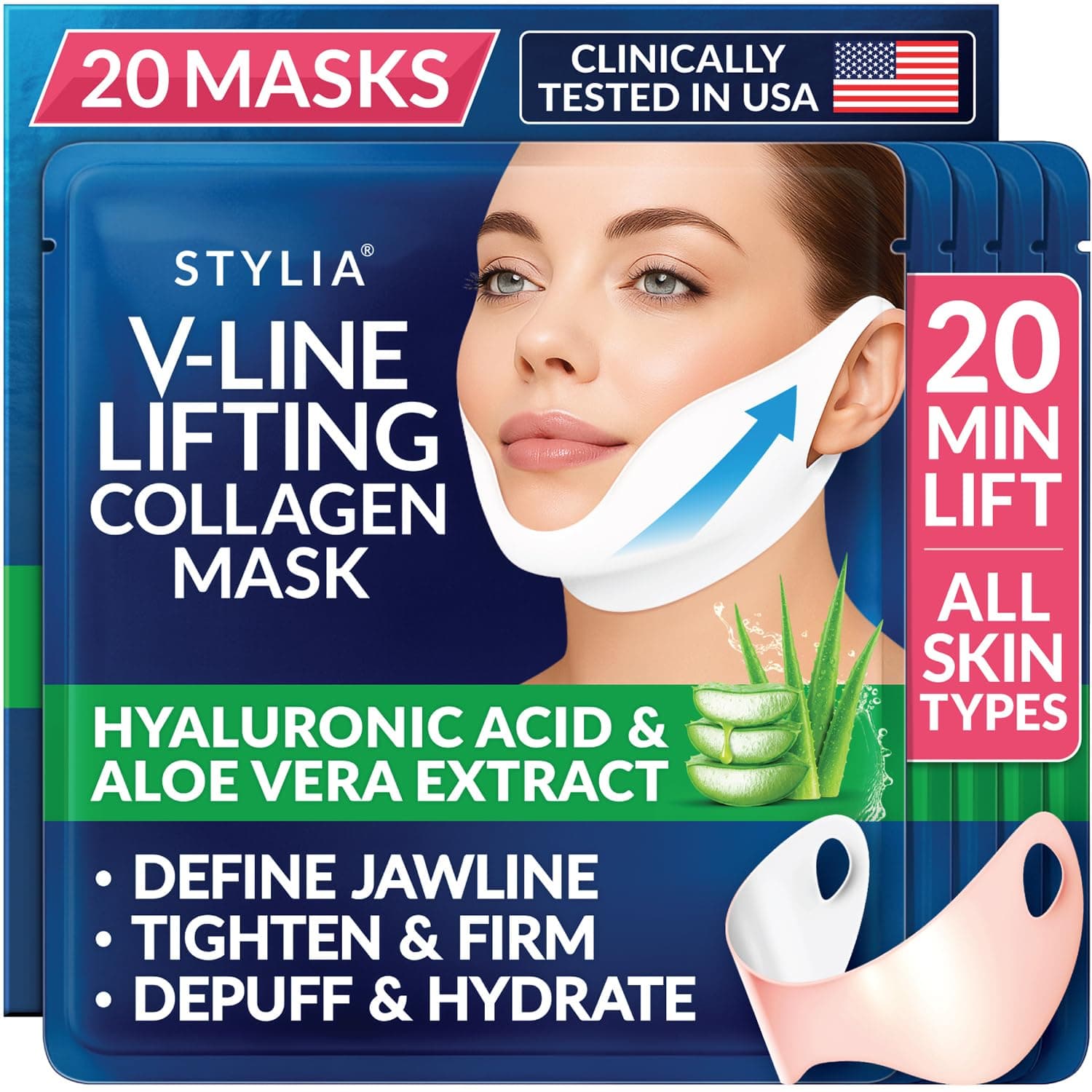 Stylia V Line Lifting Collagen Face Mask - Double Chin Strap for Women - Jawline Shaper Face Lift Tape - Neck Lift Collagen Mask - Chin Strap for Sleeping - Hyaluronic Acid, Aloe Vera, Cica 20PC