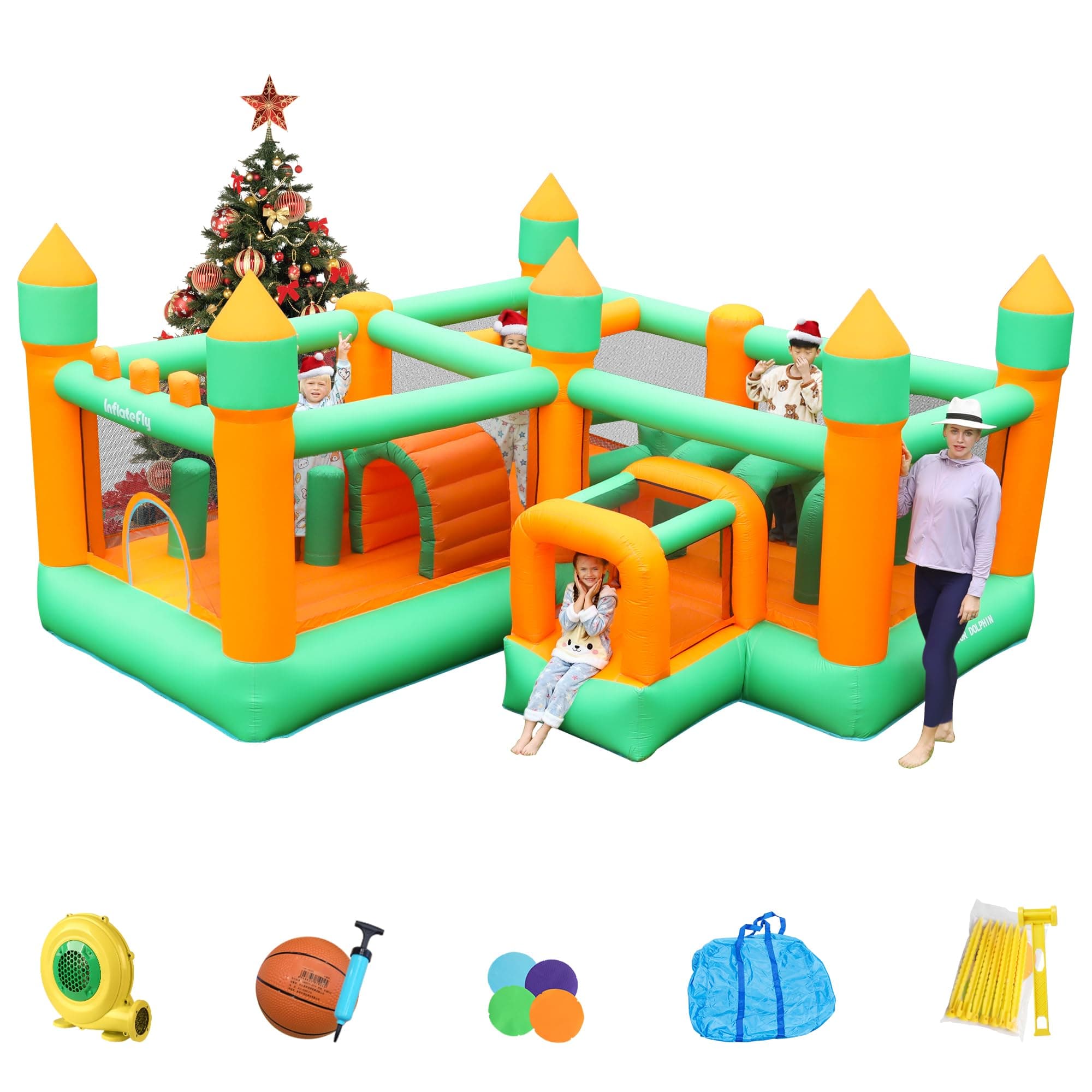 INFLATEFLY Inflatable Bounce House, 8 in 1 Obstacle Bounce House with 750W Blower, Jumping, Crawling, Punching Bag, Crawl Tunnel, Obstacle Posts for Kids Outdoor Indoor