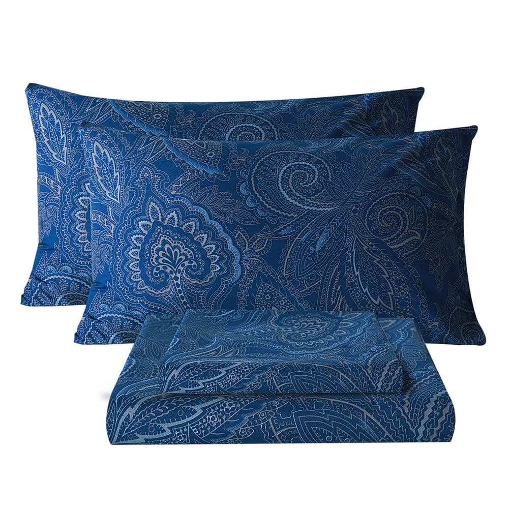Bedlifes Full Size Sheet Sets Ultra Soft Breathable Silky Bed Sheets Deep Pocket 100% Microfiber Bedding Sheets 4 Piece Full Size Paisley Dark Navy Blue