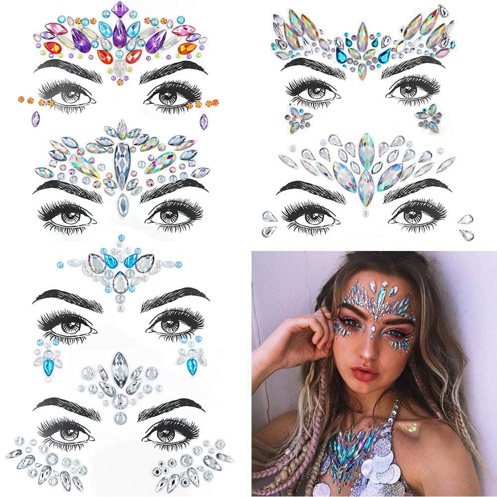 Face Gems, 6 Pcs Women Face Jewels Crystal Face Glitter Rhinestone Bindi Temporary Tattoo Face Eyebrow Body Stickers for Festival Party