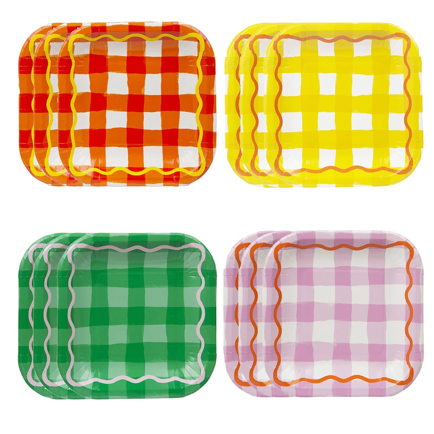 Gingham Square Disposable Strong Party Plates Colourful Paper Tableware for Easter, Birthday Party Food, Picnic, Summer Orange, Yellow, Green and Lilax - 12 Pack