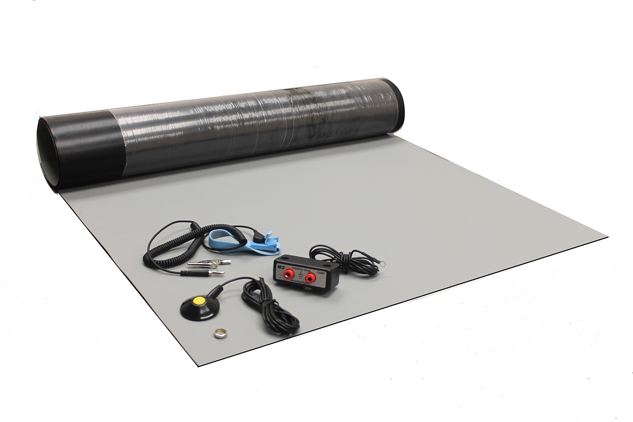 Rubber ESD Anti-Static HIGH Temperature Soldering MAT KIT-24" X 72" (2'x 6') - 0.08" Thick- with Dual Bench and Wrist Strap-Gray