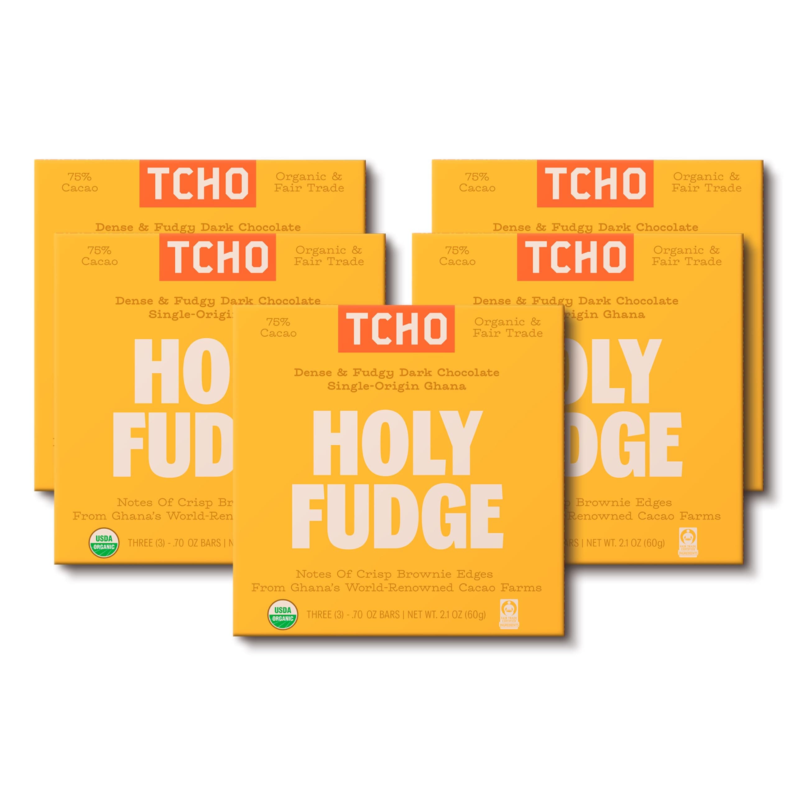 TCHO Holy Fudge Chocolate Bars | 5 Pack, 2.5oz Each |100% Plant Based, Single Origin Ghana, USDA Organic, Vegan Friendly, Kosher, Non-GMO, Non-Dairy, Soy Free, Fair Trade Certified Dark Chocolate