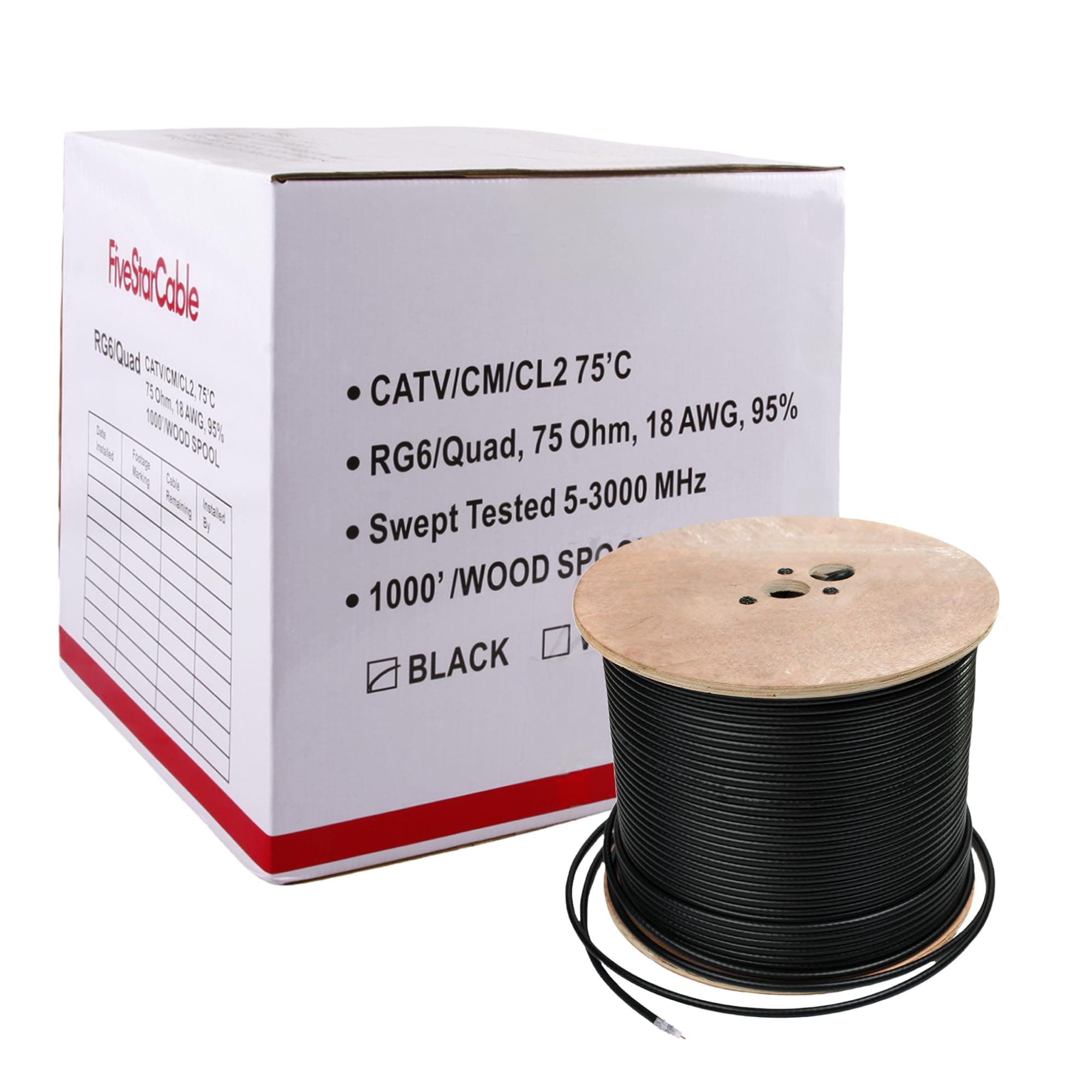 Five Star RG6 Quad Shield Coaxial Cable, 18AWG, 75 Ohm, 1000 ft Spool, ETL Listed, Black - Double Braid Shield, CCS Conductor, PVC Jacket for Broadcast, Satellite, and Cellular Applications