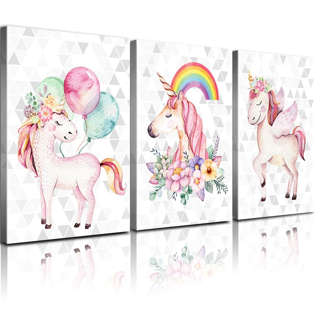 Unicorn Wall Decor Framed Canvas Art Prints Sweet Pink Horse Flower Balloon Rainbow Pictures Posters Modern Artwork Paintings Home Wall Decoration Girls Room Kids Bedroom Gift Set of 3 Panels 30x40