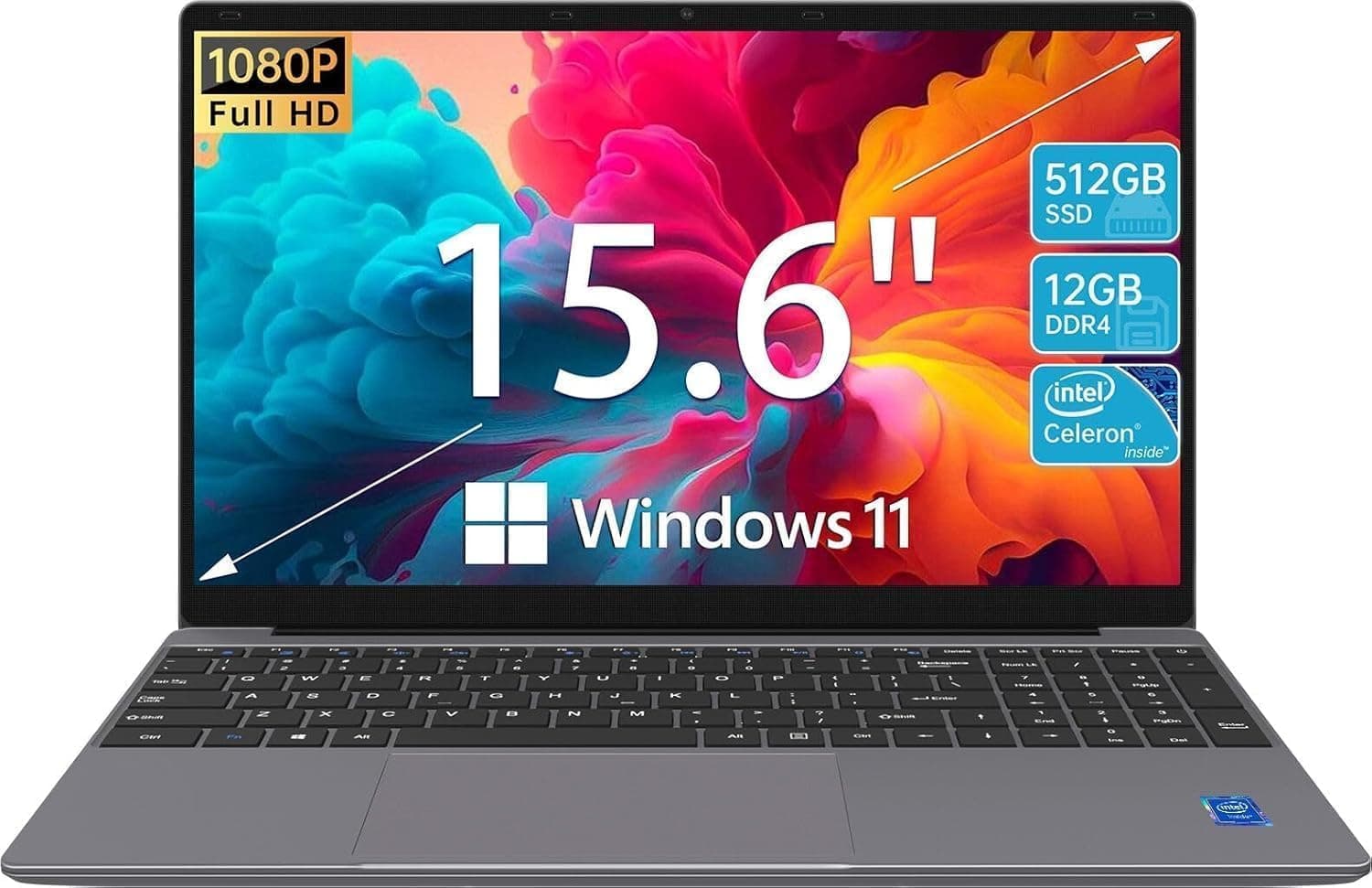 15.6" Laptop with 12GB DDR4 512GB SSD, 1080P FHD Display, Windows 11 Laptop Computers, Quad-Core Intel Celeron N5095 Processors, 2.4G/5G WiFi, Expandable 1TB