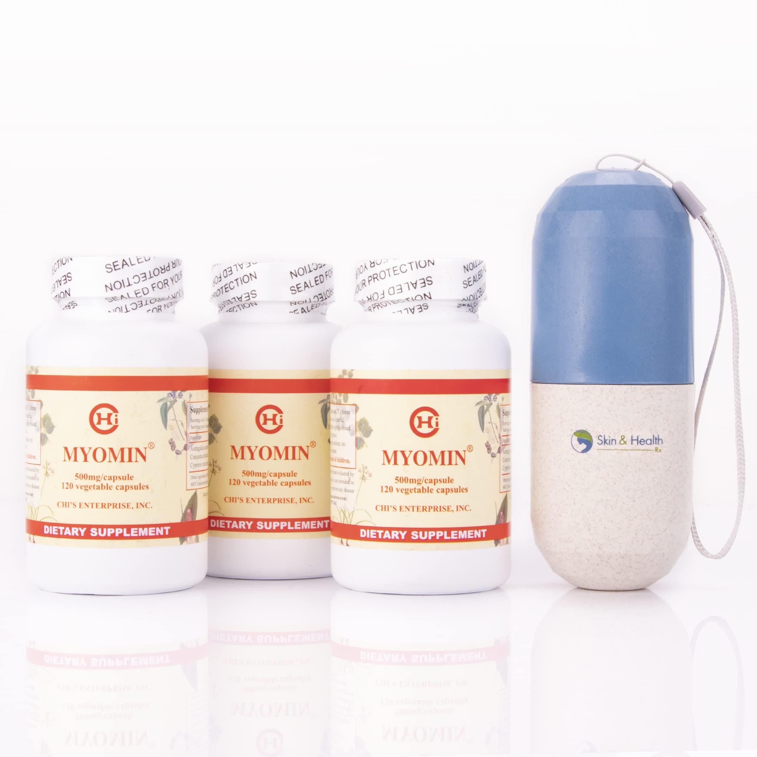 AEE Chi's Enterprise 120 Piece (3-Pack) Myomin Promotes Healthy Hormone Levels 500mg Capsules, Skin and Health Pill Organizer Bundle