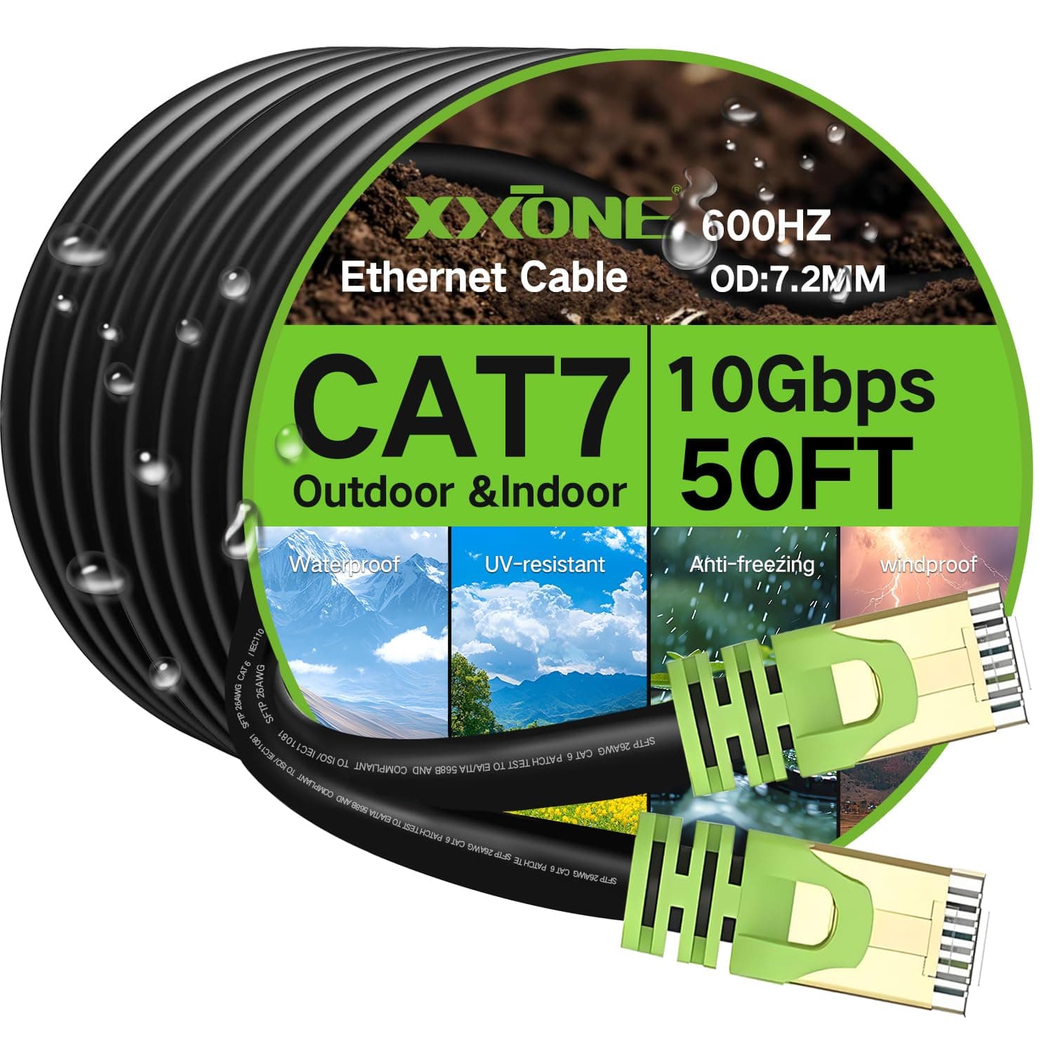 XXONE Outdoor Cat 7 Ethernet Cable 50ft, 26AWG Heavy-Duty Cat7 Networking Cord Patch Cable RJ45 Transmission Speed 10GbpsTransmission Bandwidth 600Mhz LAN Wire Cable SFTP Waterproof Direct Burial