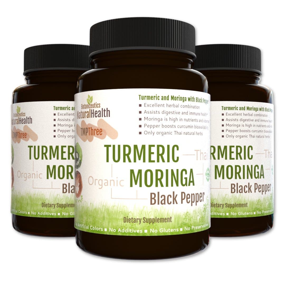 Botaniceutics Organic Turmeric, Moringa, and Black Pepper - 270 Capsules - 3 Bottle Pack - 500 Mg. No additives, no fillers. Natural Turmeric Curcumin, Moringa, and pepperine for Good Health.