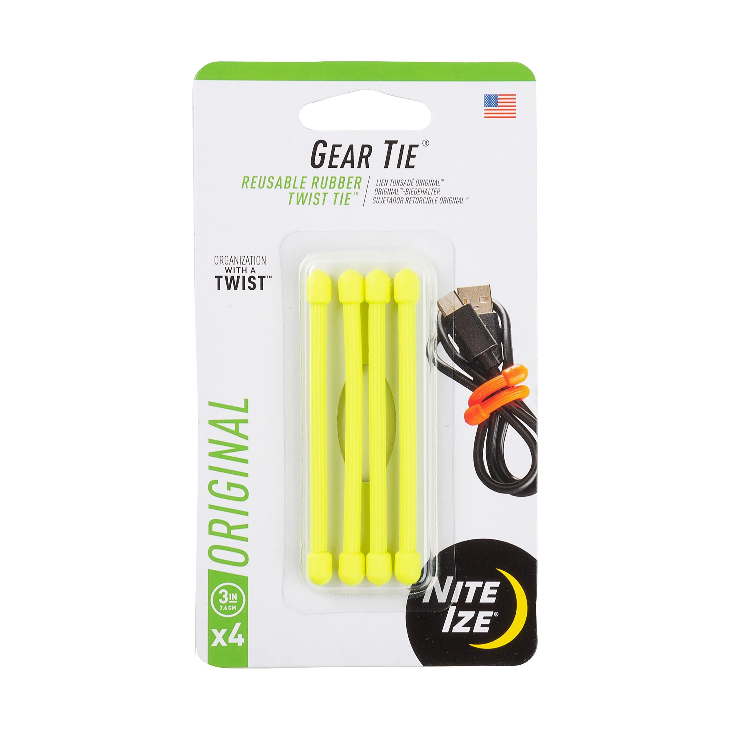Gear Tie 3" Neon Yellow Reusable Rubber Twisty Ties (1-Pack of 4)