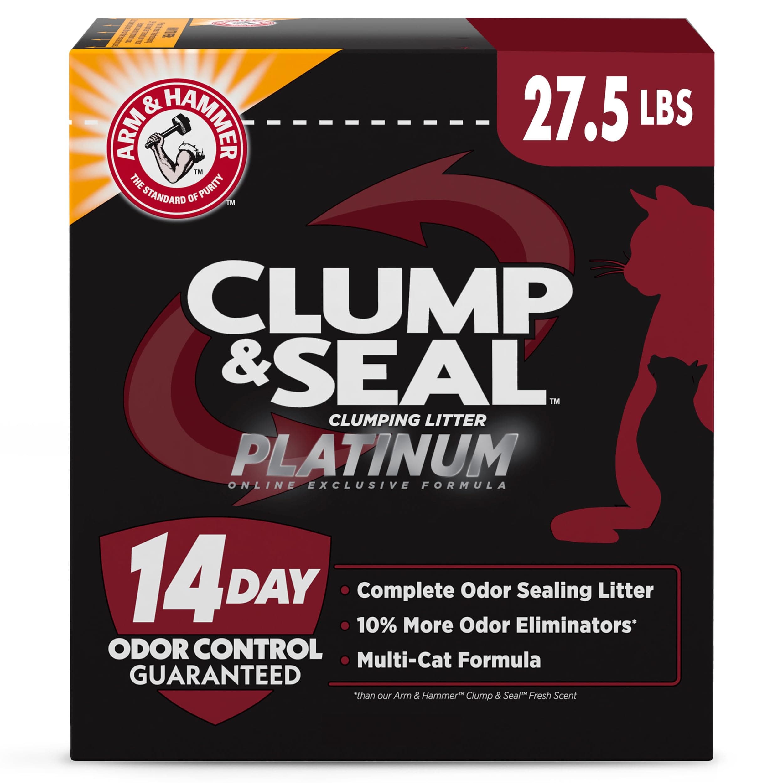 ARM & HAMMER Clump & Seal Platinum Cat Litter, Multi-Cat, 14-Day Odor Control, Rock-Hard Clumps, 27.5 lbs – Powerful Odor Eliminator with Baking Soda