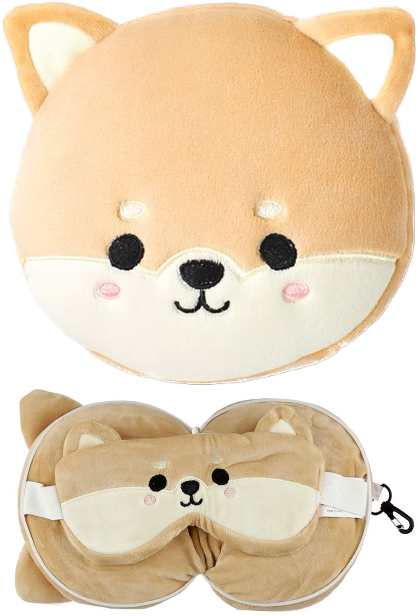 Puckator Relaxeazzz Shiba Inu Dog Round Plush Travel Pillow & Eye Mask - Sleep Eye Mask Masks - Kids Travel Accessories For Sleeping Airplane - Flight Plane Neck Pillow Pillows