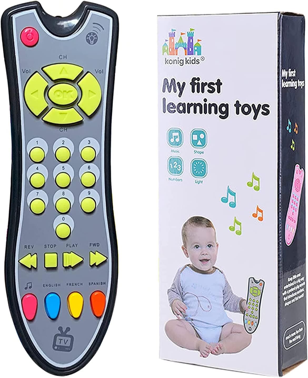 Kids Realistic TV Remote Control Toy with Musical Sound and Soft Light, Early Educational Toy with English Spanish and French 3 Language, Sensory Learning Toys for 6 Months+ Toddlers