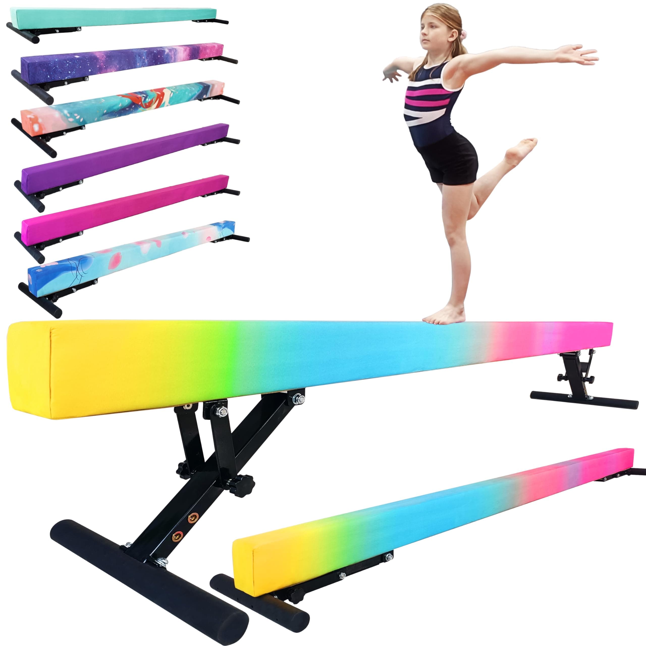Adjustable balane Beam for Kids - 8FT Gymnastics Beam - high and Low Floor Beam for All Gymnastic Levels-Professional Gymnastic Equipment for Home and Gym Center (Gradient Rainbow, 7"-17")