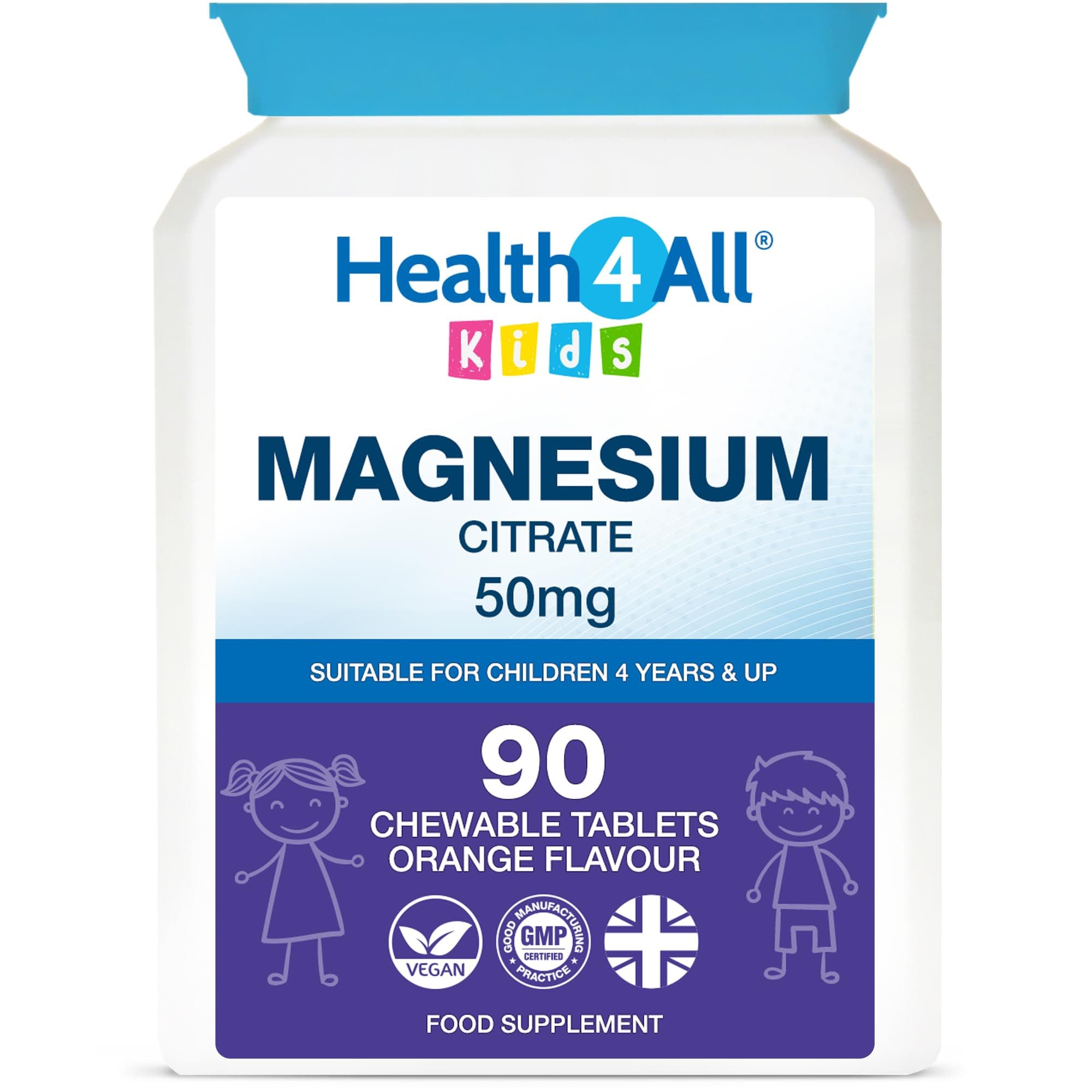Health4All Kids Magnesium 90 Chewable Tablets for Anxiety, Sleep, Ticks. Tasty Orange Chewable Magnesium Supplement for Children 4+, Vegan, Sugar-Free | Made in UK | Alternative to Glycinate Gummies