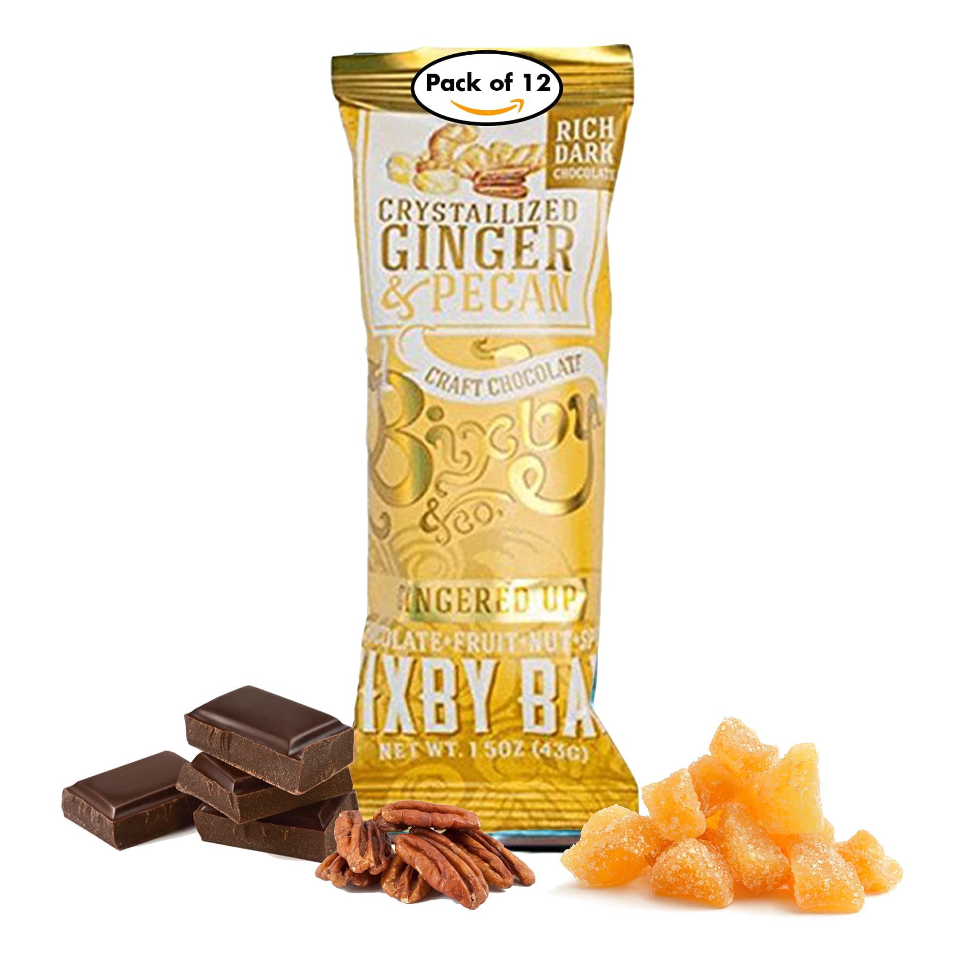 Bixby 12 Bars of Vegan Dark Chocolate - Gluten Free Ginger and Pecan Bulk Chocolate Bars - Non GMO Kosher Protein Snack with Clean Ingredients - Pack of 12 Gourmet Candy Bars, 1.5oz each