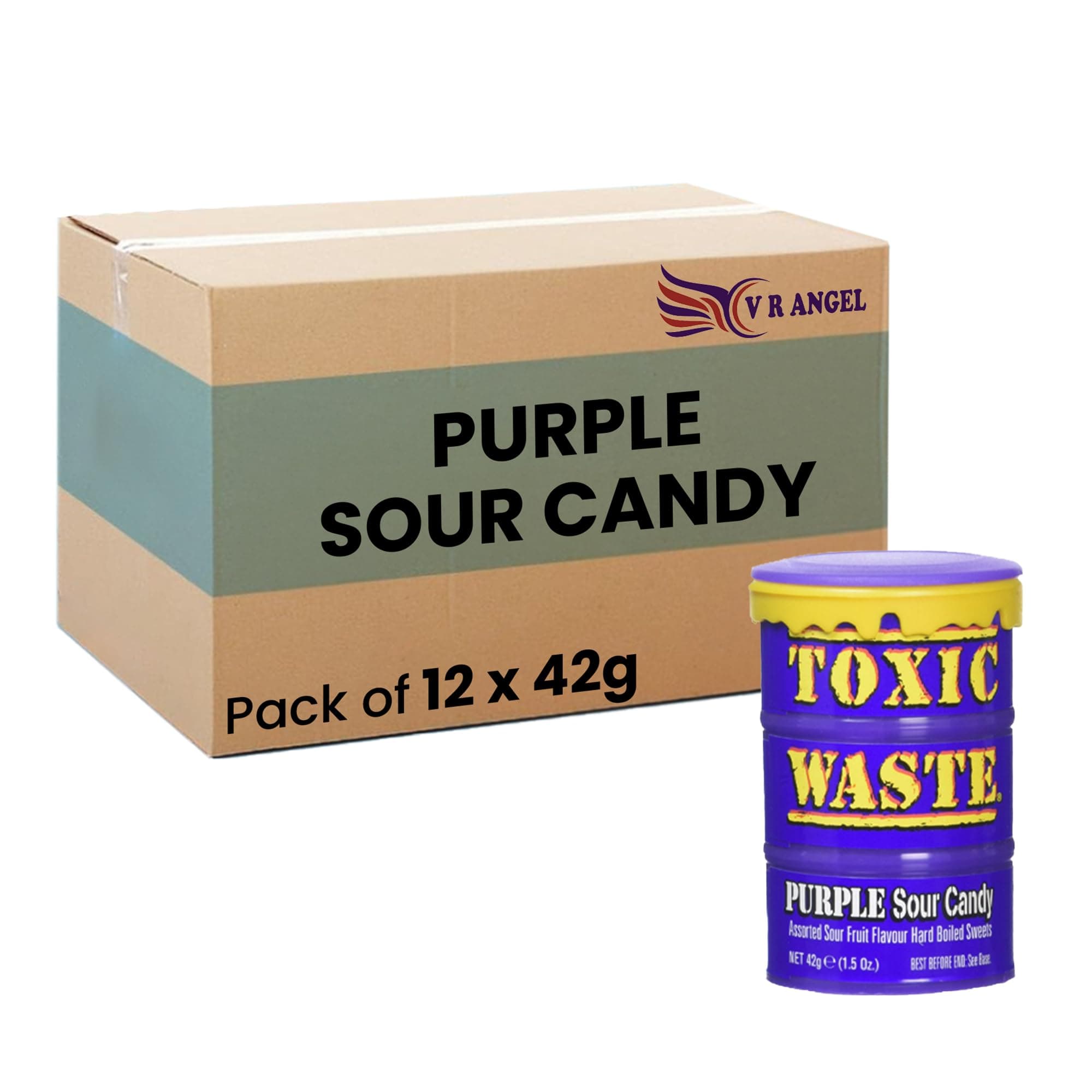 Toxic Waste 12 Purple Sour Candy Drums Ultra Sour Retro Sweets Candy For Halloween Trick or Treat, Birthday - Each Drum 42g Sold By VR Angel
