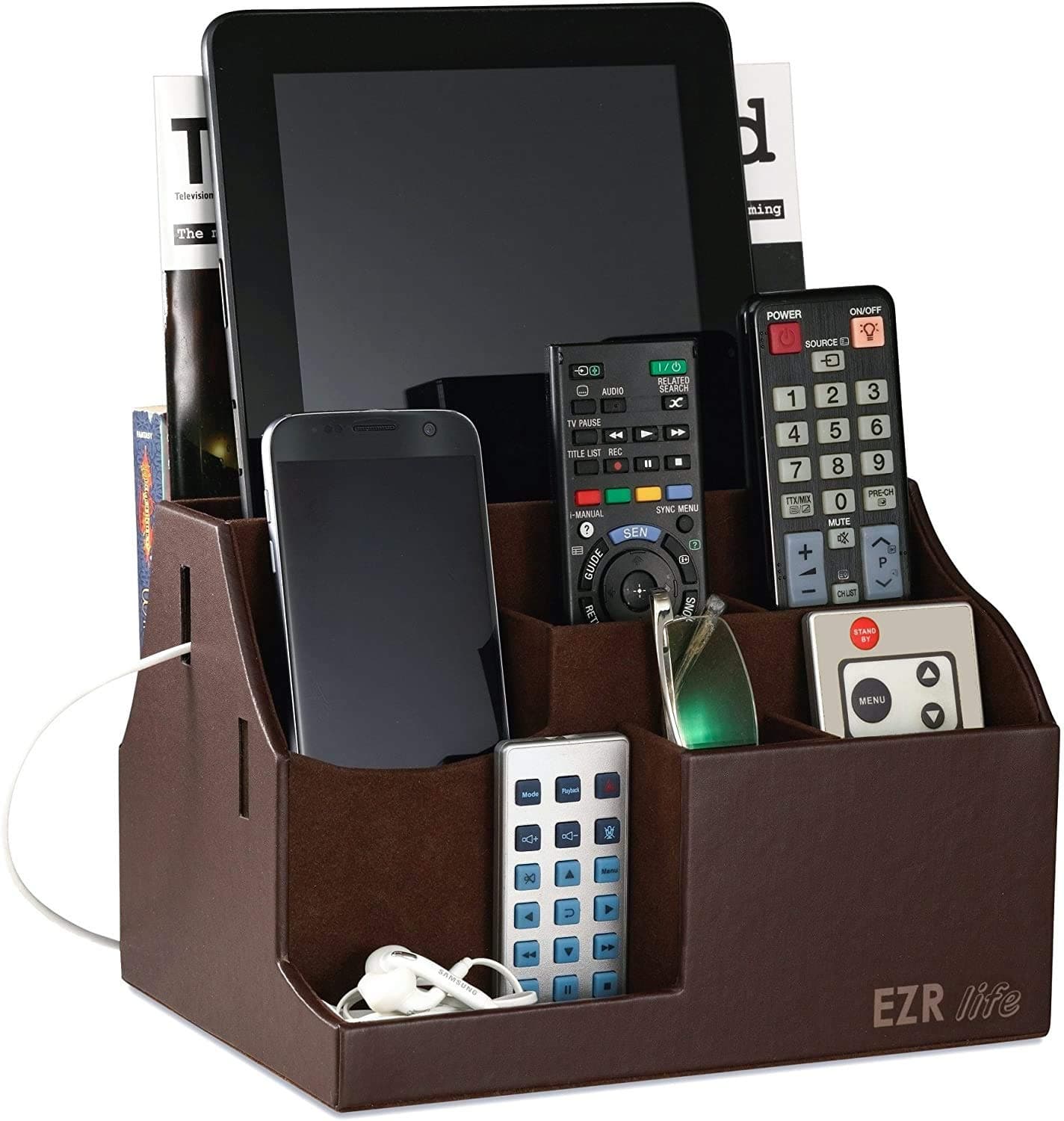 All-In-1 Remote Control Holder, Caddy, Organizer, Also Holds Phones, Tablets, Books, Glasses (8 Compartments, Up To 14 Remotes) - Brown Leather