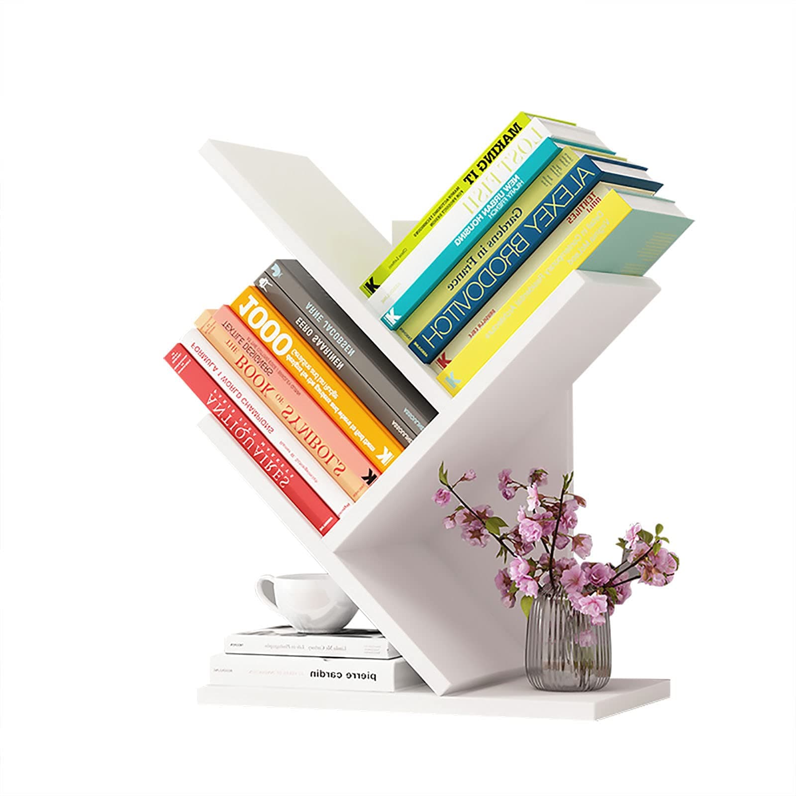 Tree Bookshelf,4-Layer Floor Standing Bookshelf,The Desktop Bookshelf Can Hold Books,Magazines, CDs and Photo Albums,Desktop Organizer,Office Storage Rack Real Wooden Bookshelf,White