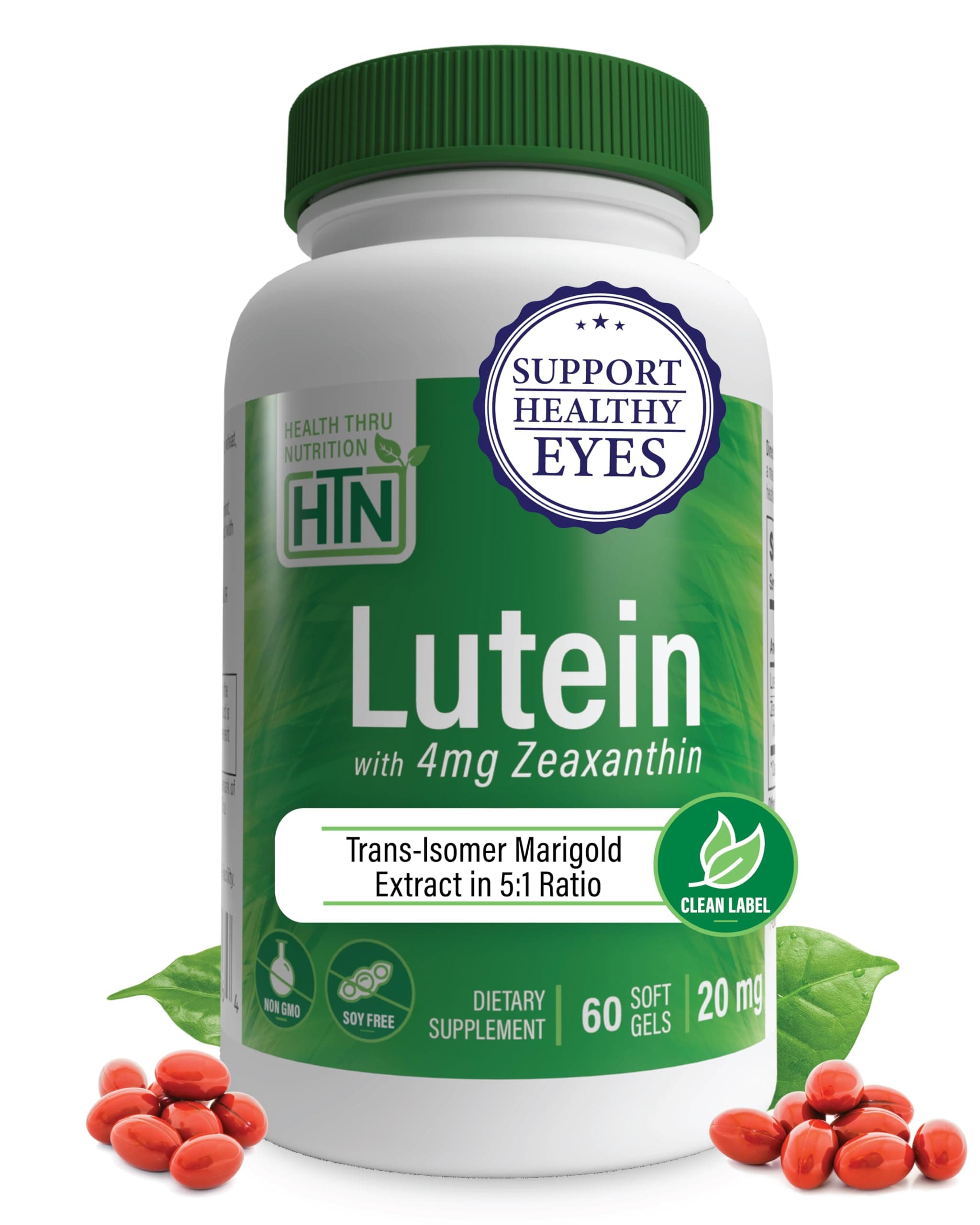 Lutein 20mg with Zeaxanthin 4mg 60 Softgels | Trans-Isomer Marigold Extract in Nature Identical 5:1 Ratio | Supports Healthy Eye, Skin and Brain | Non-GMO Soy & Gluten Free | by Health Thru Nutrition