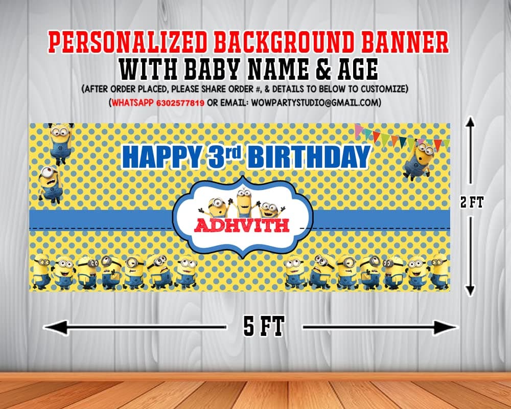 WoW Party Studio Personalized Minion Theme Party Happy Birthday Decorations Background/Backdrop Banner with Birthday Boy/Girl Name, Age (2ft x 5ft)