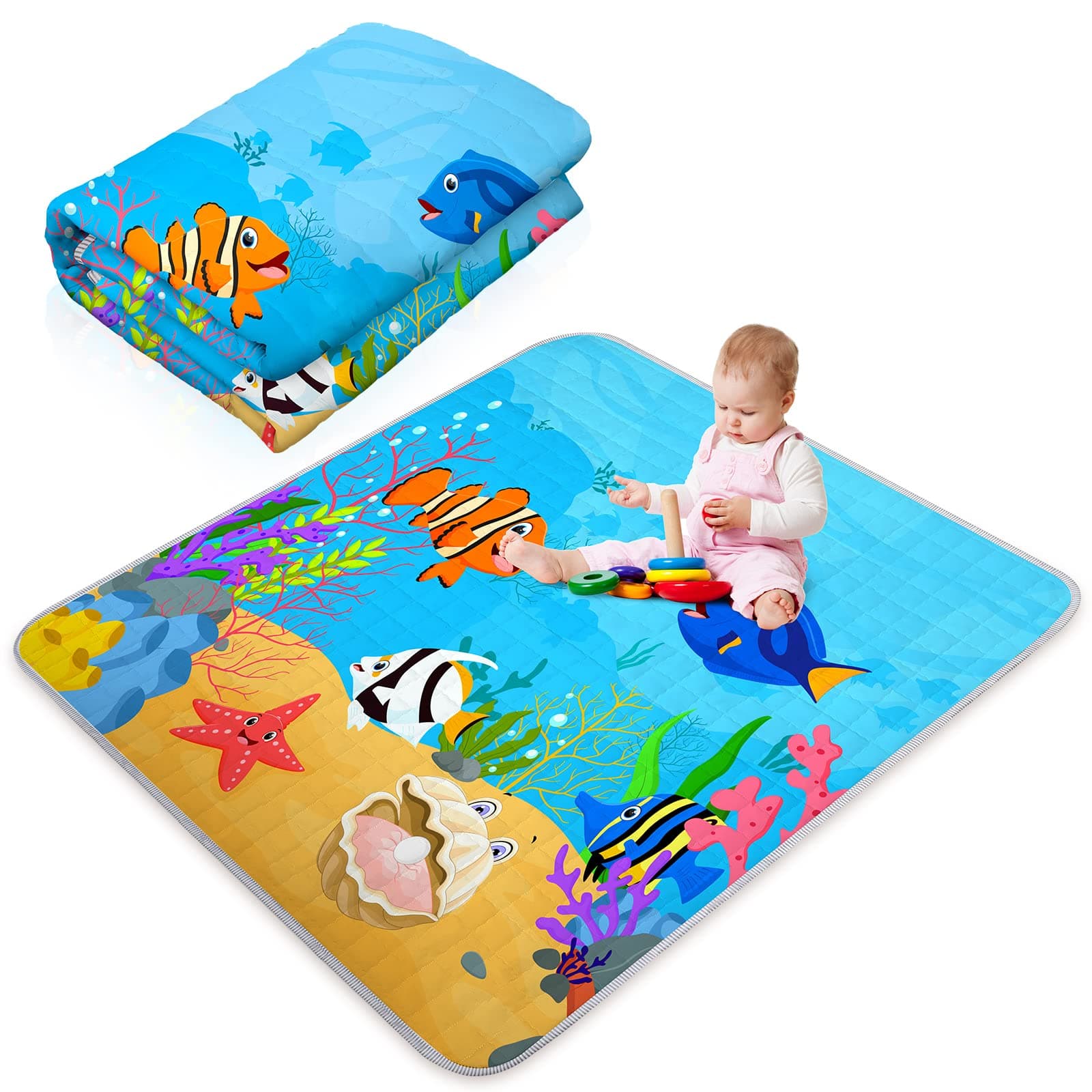Sea Animals Baby Play Mat Washable Playmat for Babies Foldable Non Slip Floor Padding for Kids Large Baby Crawling Mat for Toddlers Infants Indoor Outdoor Activities