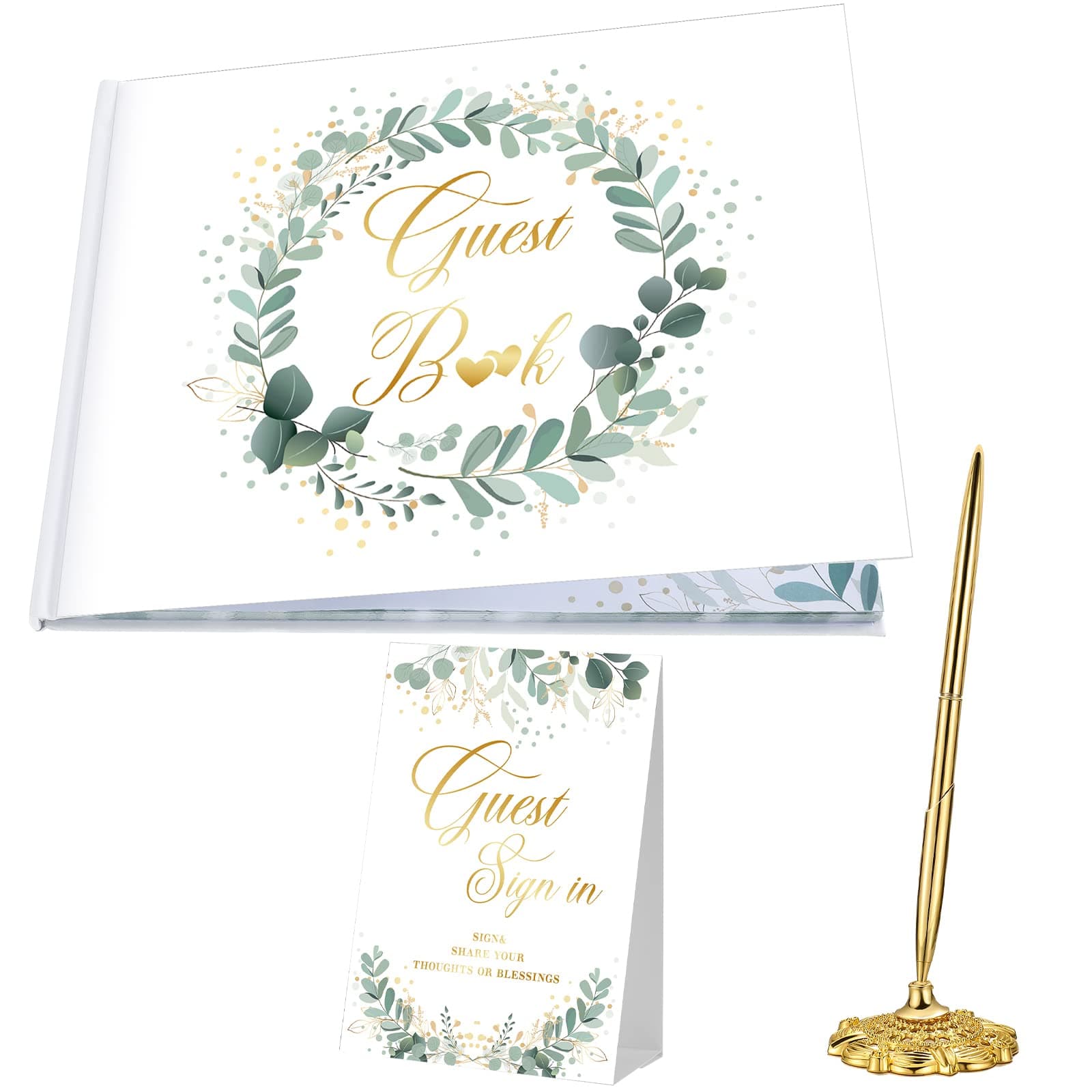 Wedding Guest Book Set With Memory Book, Registry Guestbook, Gold Pen and Holder, Sign-in Table Card - Hard Cover With Gold Foil for Bridal Shower, 7x9inch (Eucalyptus)
