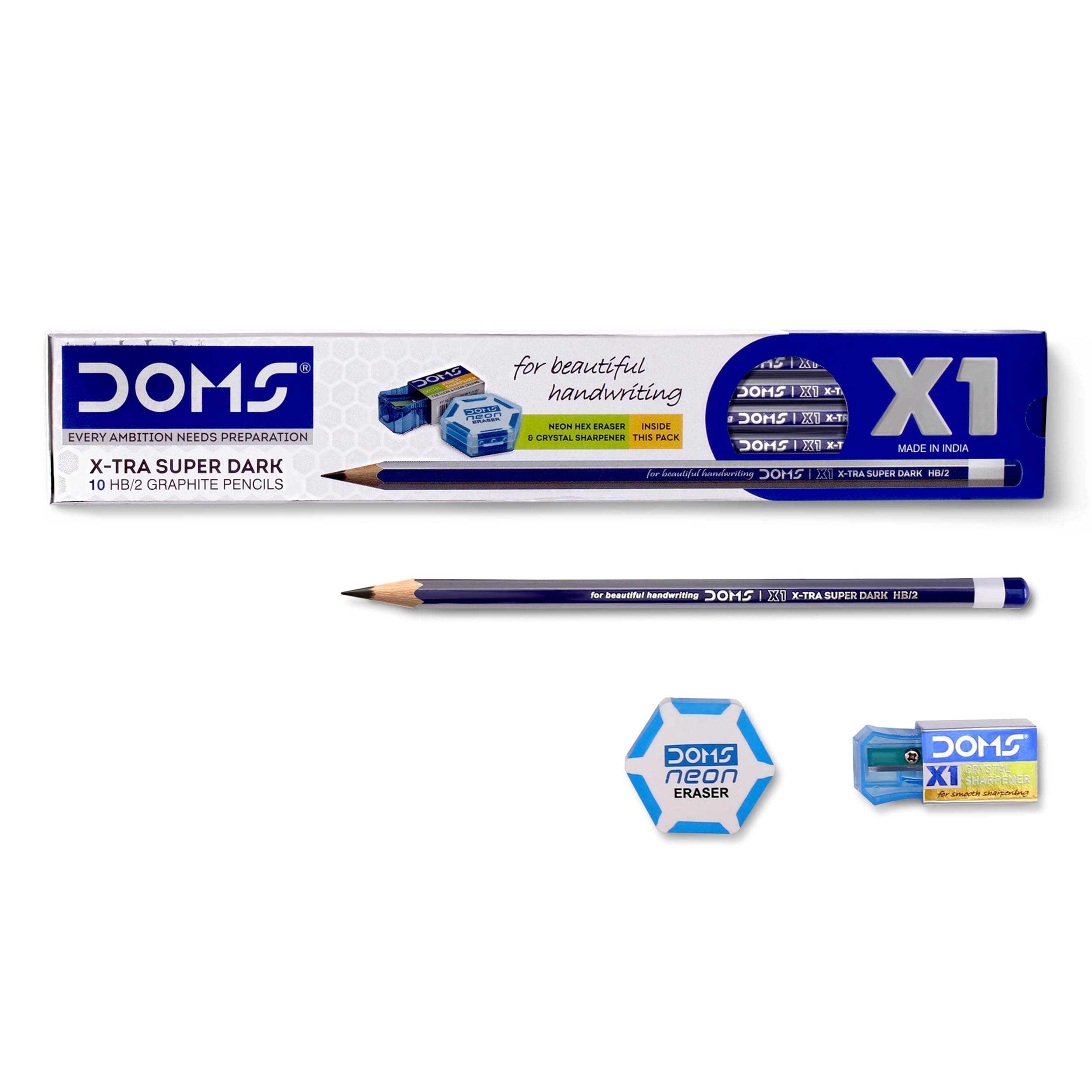 X1 X-Tra Super Dark Pencils 1 Pack - 10 Pencils - 1 Dust Free Eraser + 1 Extra Long Sharpener + 1 Protection Cap Free