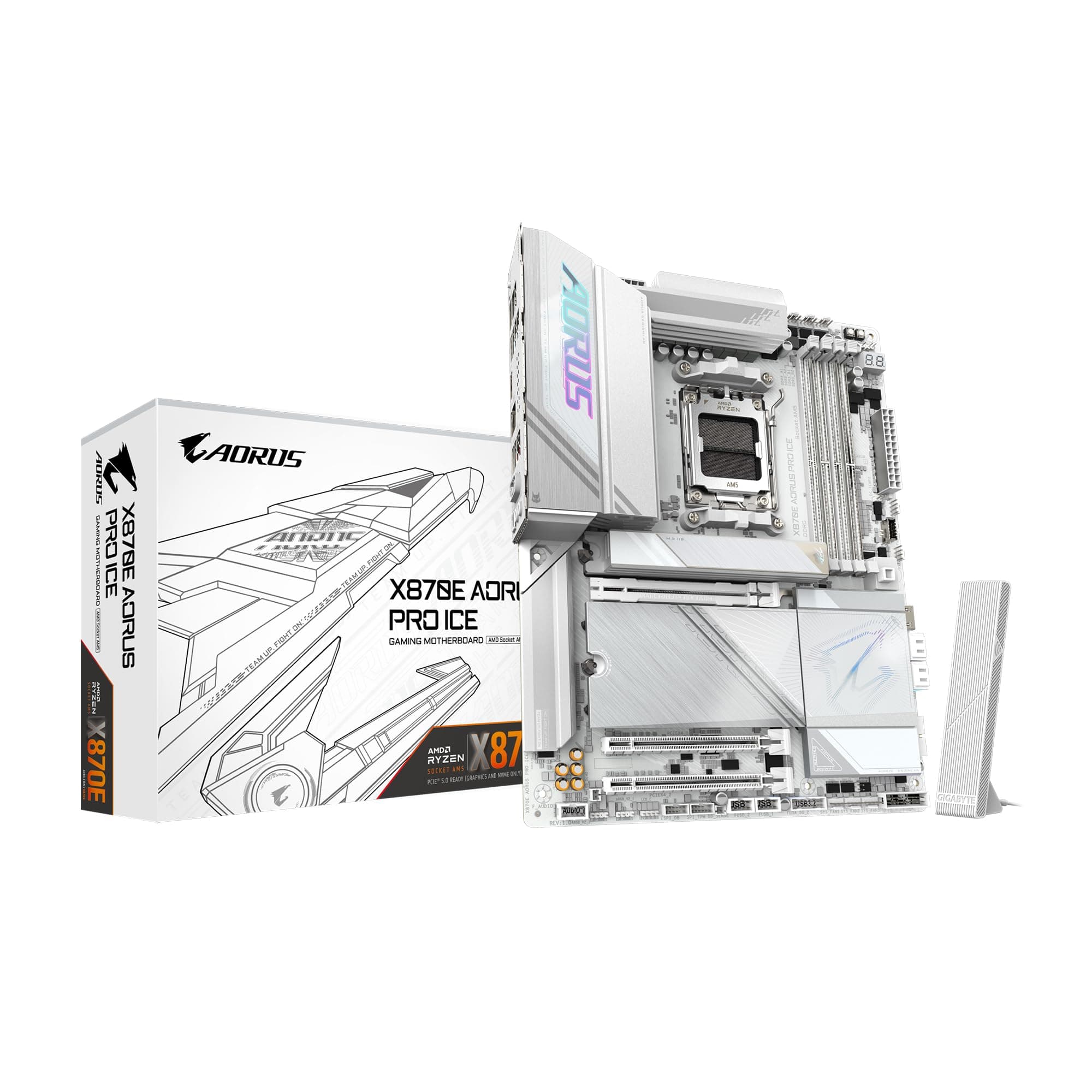 X870E AORUS PRO ICE AMD AM5 LGA 1718 Motherboard, ATX, DDR5, 4X M.2, PCIe 5.0, USB4, WIFI7, 2.5GbE LAN, EZ-Latch, 3-Year Warranty