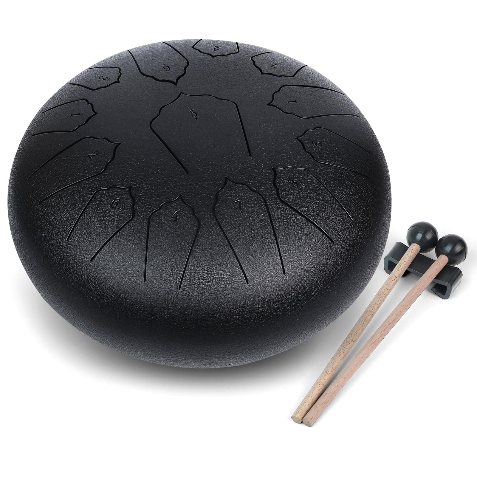 MUSCELL Steel Tongue Drum 12 Inches 13 Notes, Hand Drum with Bag, Music Book, Drumsticks, Mallet Holder and Finger Paddles, Thickened Carbon Steel, Continuous Echo for Meditation or Yoga (Black)