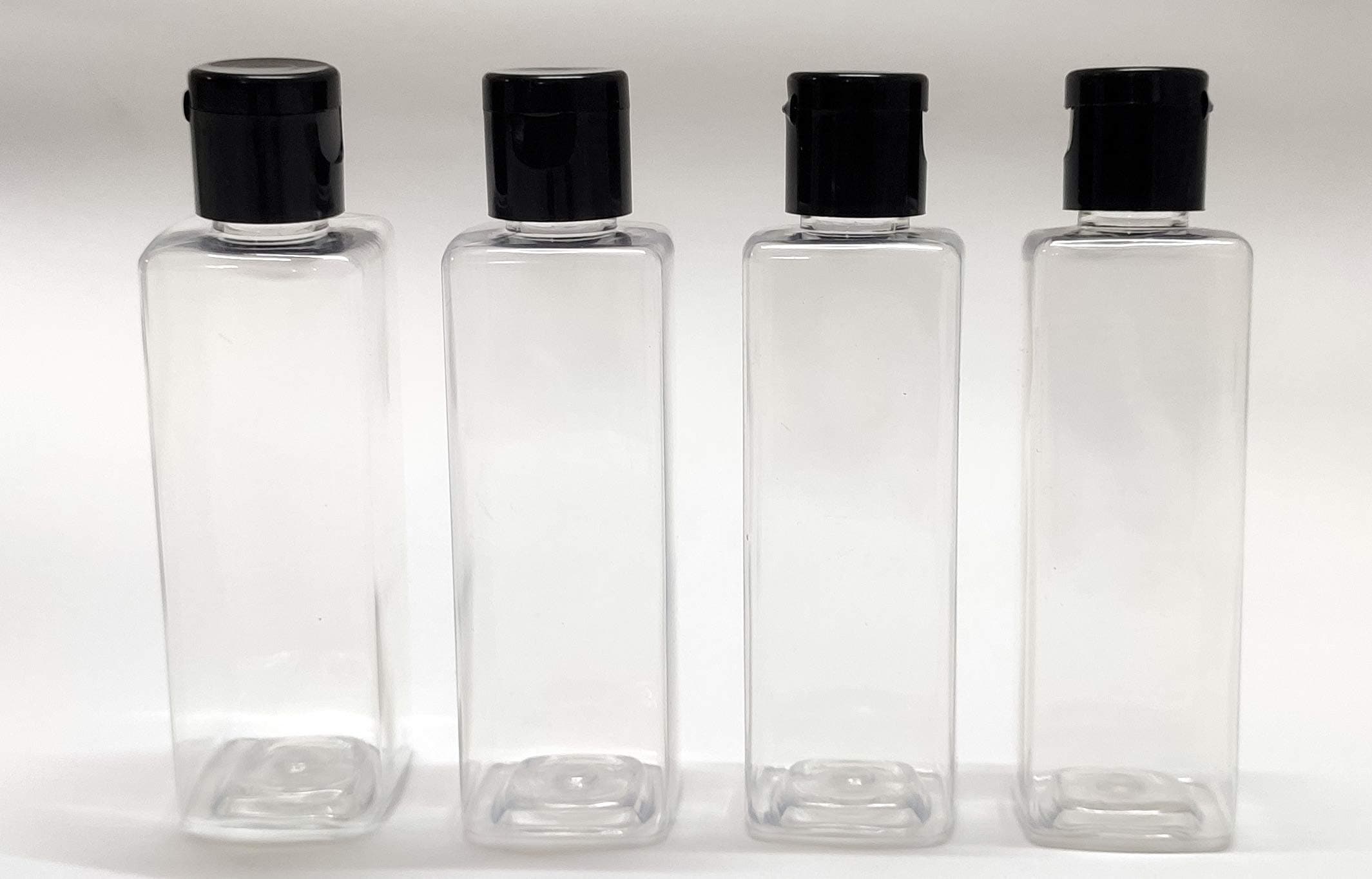 100 ML - Empty Transparent Refillable Square Plastic Bottles with Flip Top Caps for Sanitizer & Travellers - Pack of 4, Black