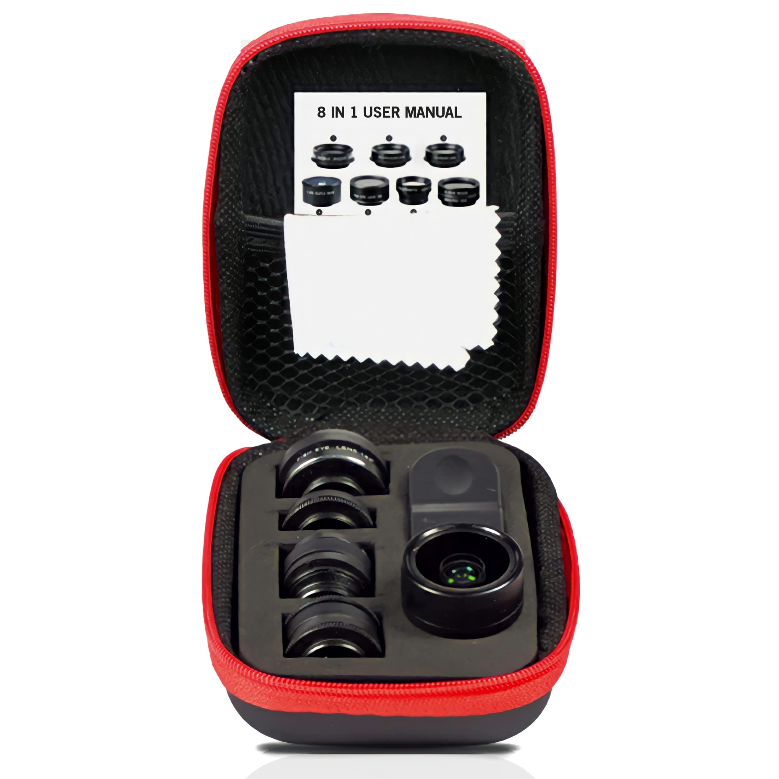 Adcom 8 in 1 Mobile Phone Camera Lens Kit for 0.36x, 0.63x Wide Angle Lens, 2X Telephoto, Kaleidoscope, Starburst, 198 Fisheye, 15x Macro Lens, CPL Universal Clip-On Cell Phone Travel Lens (Black)