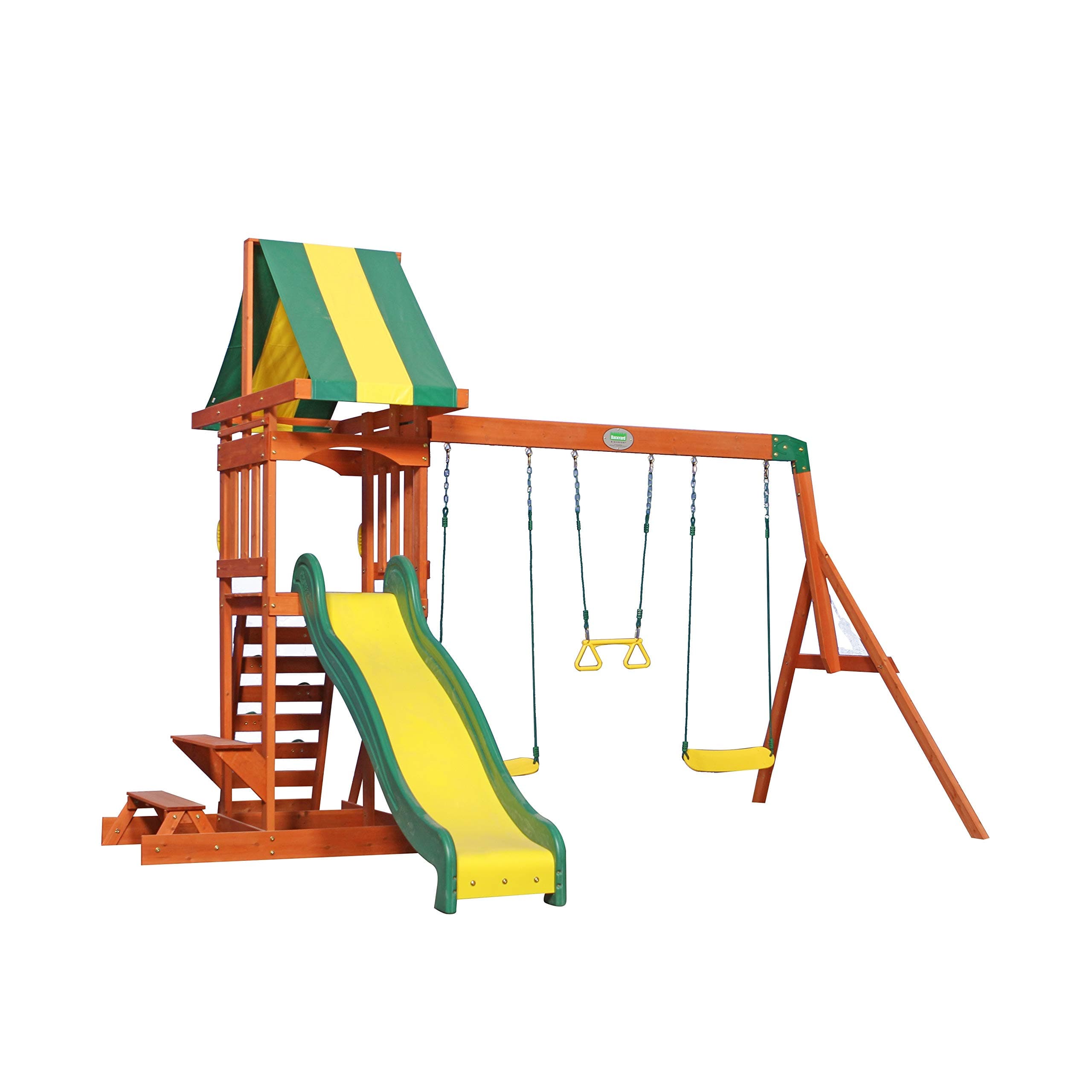 Backyard Discovery Sunnydale Wooden Play Tower, Playground for Children with Slide, Sandpit, Swing and Picnic Table, Swing Set for The Garden