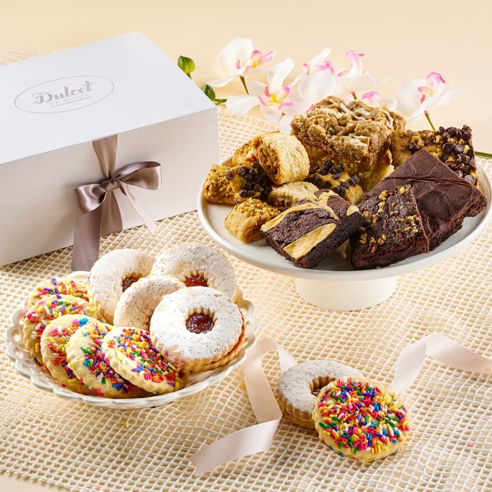Dulcet Gift Baskets Elegant Sprinkle Cookie-Chocolate Fudge Brownie Gourmet Bakery Gift Basket Great Gift for Birthdays, New Baby, Anniversaries- Mother’s Day.
