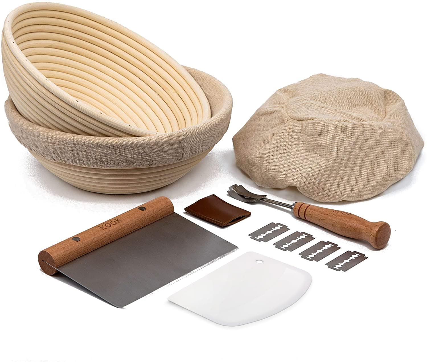 Kook Banneton Bread Proofing Basket 9 Inch - Complete 12 Piece Sourdough Basket Kit with Liners and Scrapers - Natural Rattan for Artisan Bread Making - Set of 2 Round