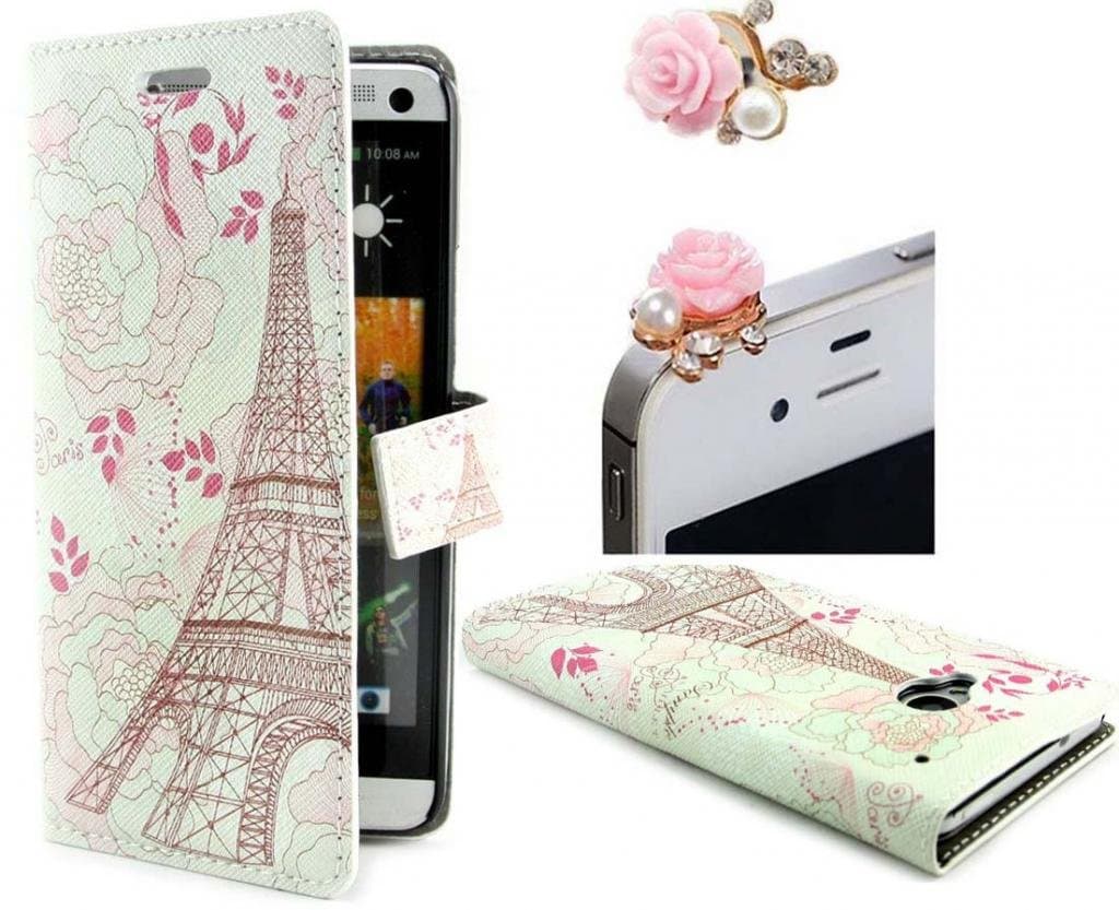 Fashionable Printing Scenic Design Eiffel Tower PU Leather Wallet Flip Stand Cover Case for HTC ONE (M7) + one Anti-dust Plug Stopper