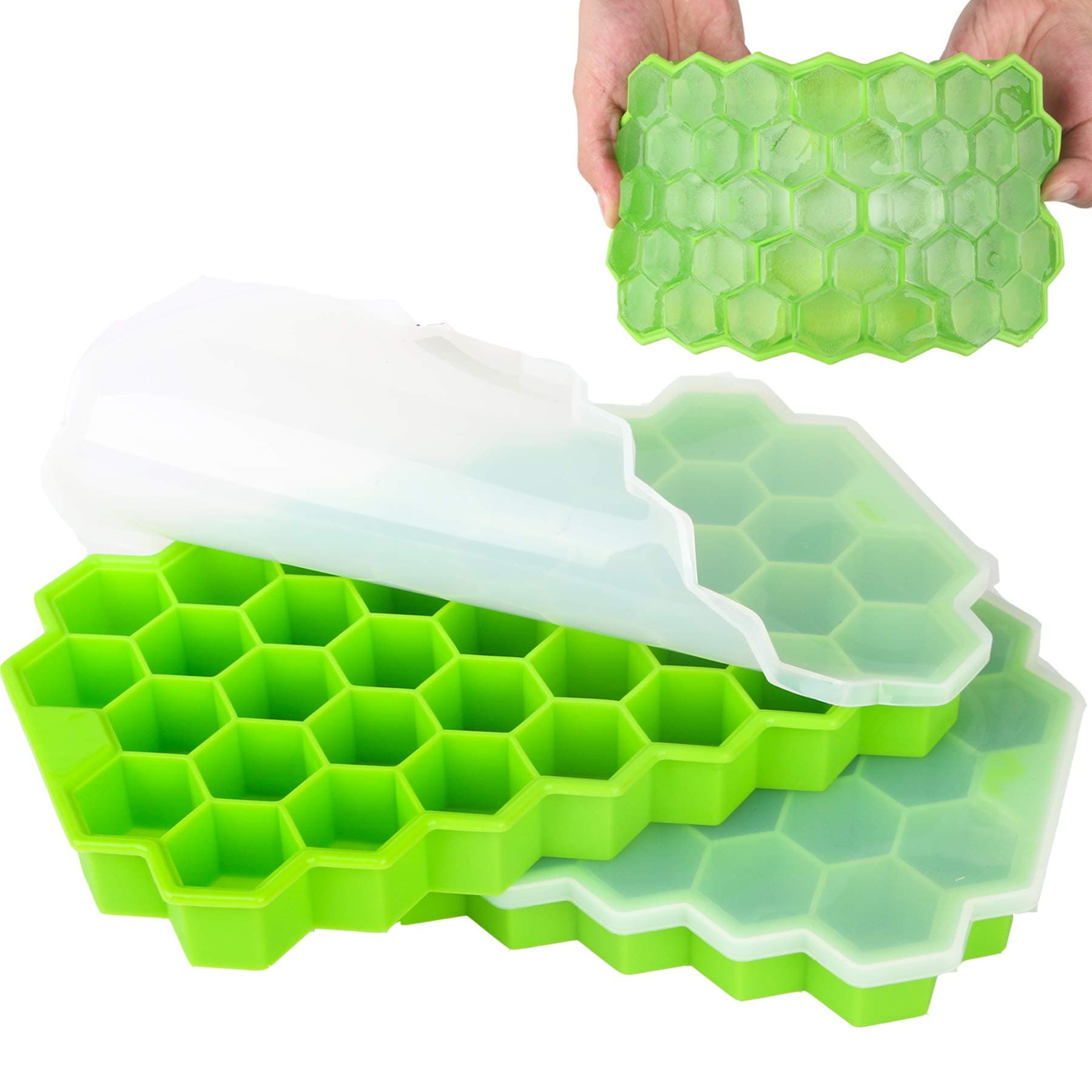 ISKM Ice Cube Molds 2 Pack Ice Cube Trays, Easy-Release Silicone & Flexible 74 Cubes with Removable Lids Spill-Resistant LFGB Certified and BPA Free, Stackable Durable Dishwasher Safe (2 Green)