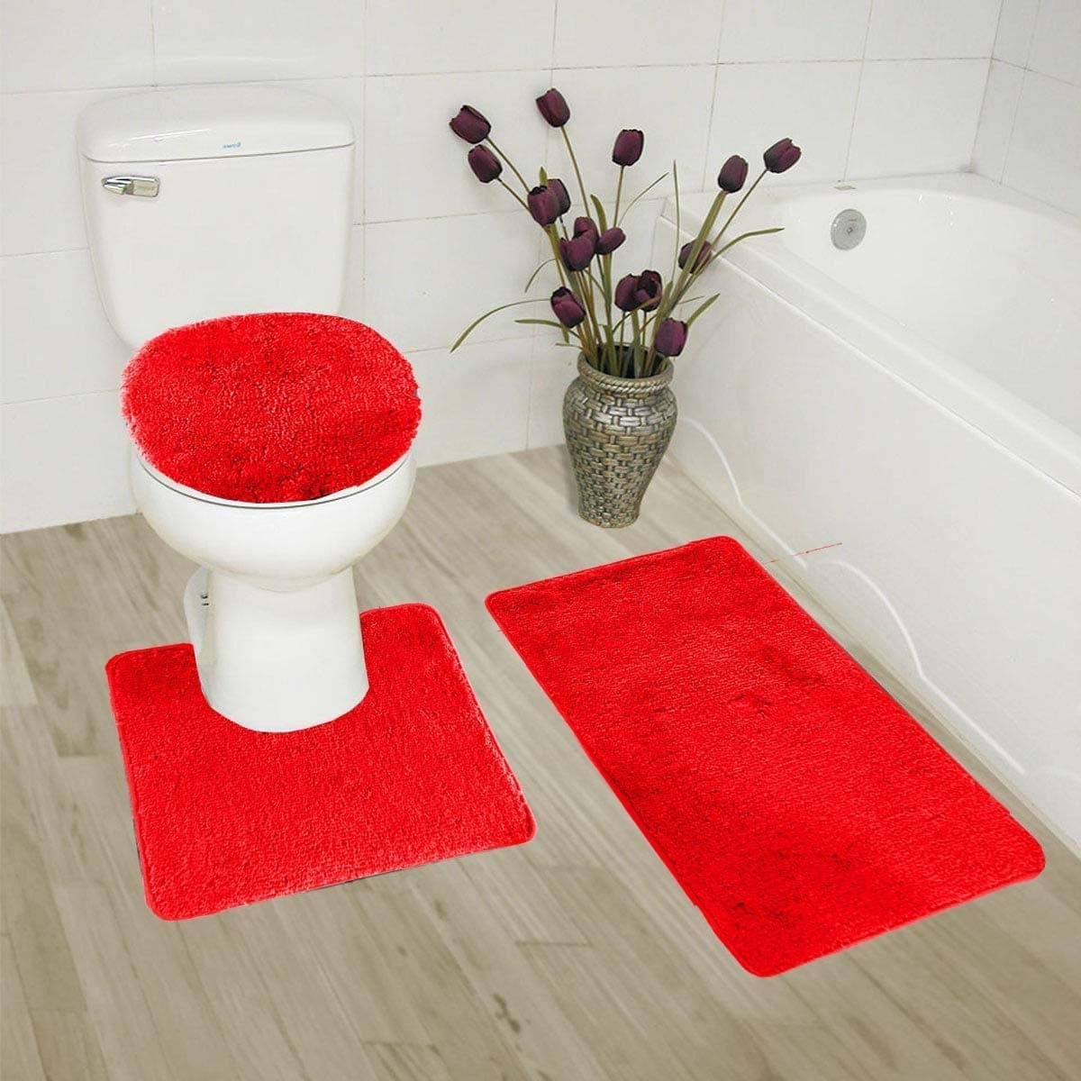 Elegant Home GoodsSolid Color 3 Piece Bathroom Rug Set Bath Rug, Contour Mat, & Lid Cover Non-Slip with Rubber Backing Solid Color New #6 (Red)